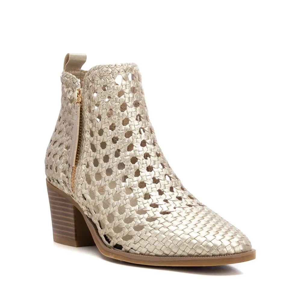 ShoeShop Carmela 162344 metallic gold woven leather ankle boots with a side zipper and stacked block heel.