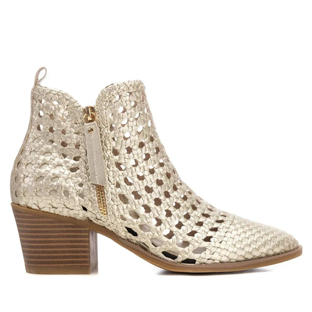 ShoeShop Carmela 162344 metallic gold woven leather ankle boots with side zip and stacked block heel