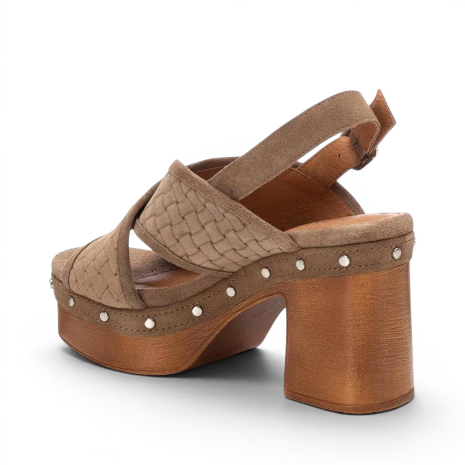 ShoeShop Carmela 160616 beige woven leather platform sandals with 10cm block heel and metal stud detailing.