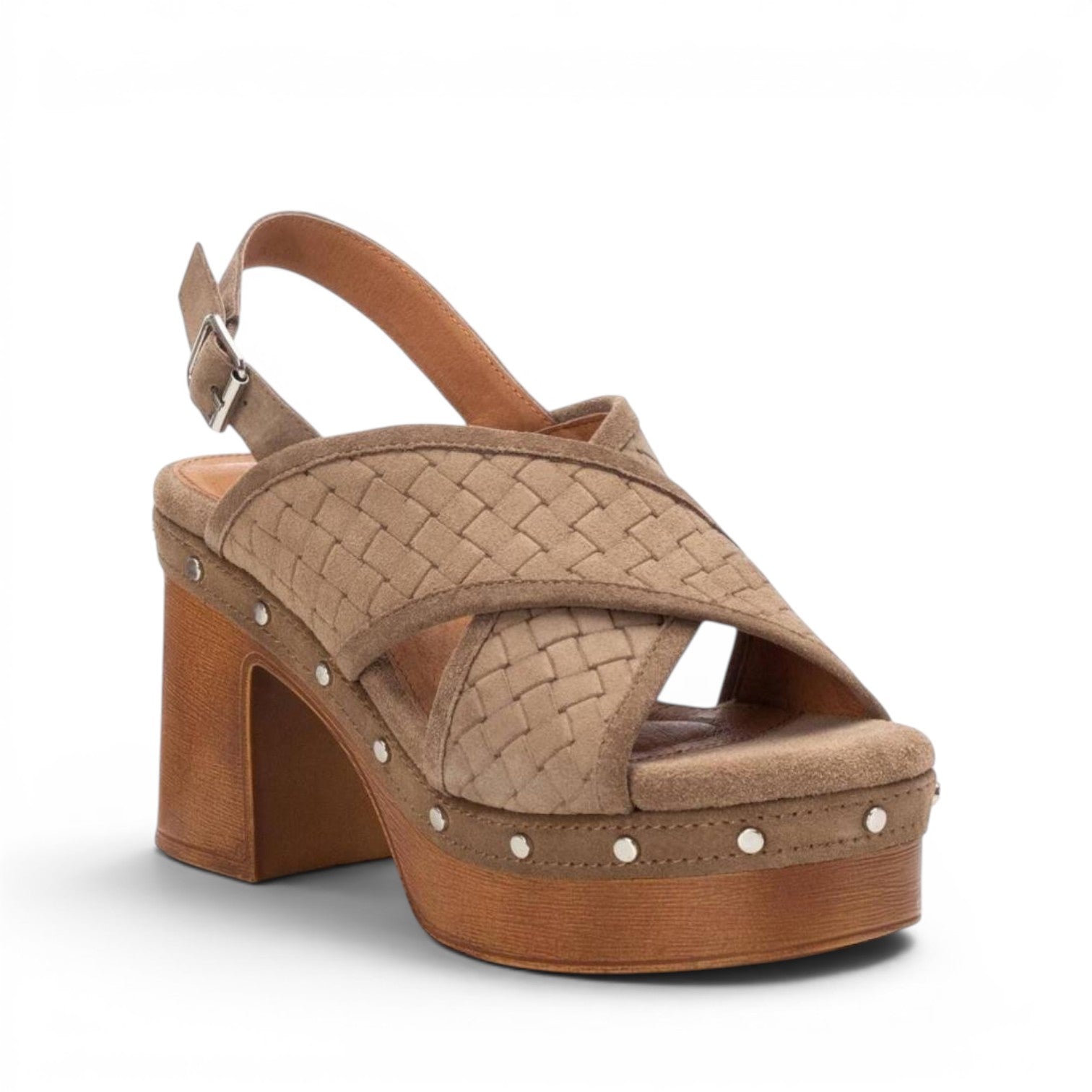 ShoeShop Carmela 160616 beige woven leather platform sandals with 10cm block heel and slingback strap