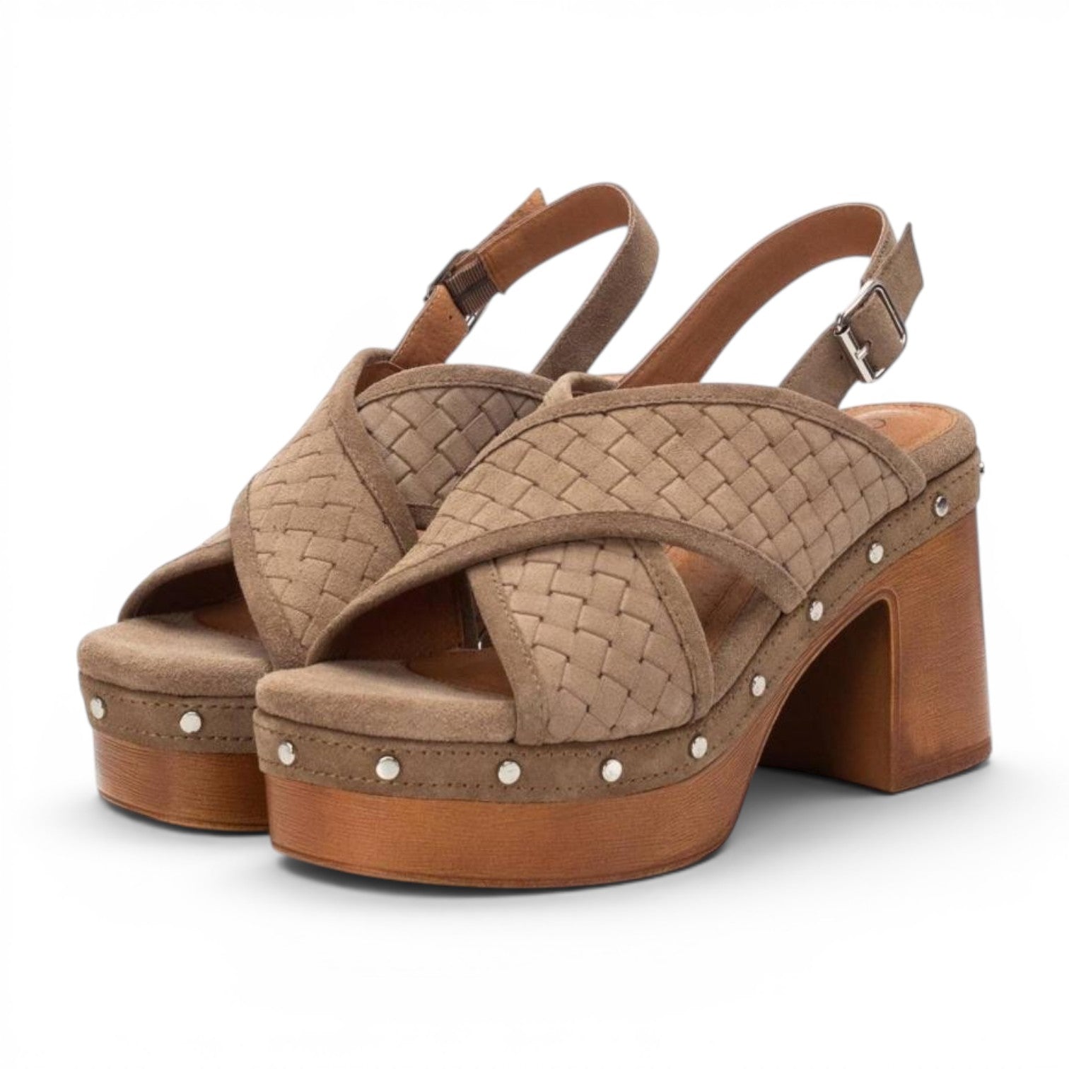 ShoeShop Carmela 160616 beige woven leather platform sandals with 10cm block heel and metal stud detailing.