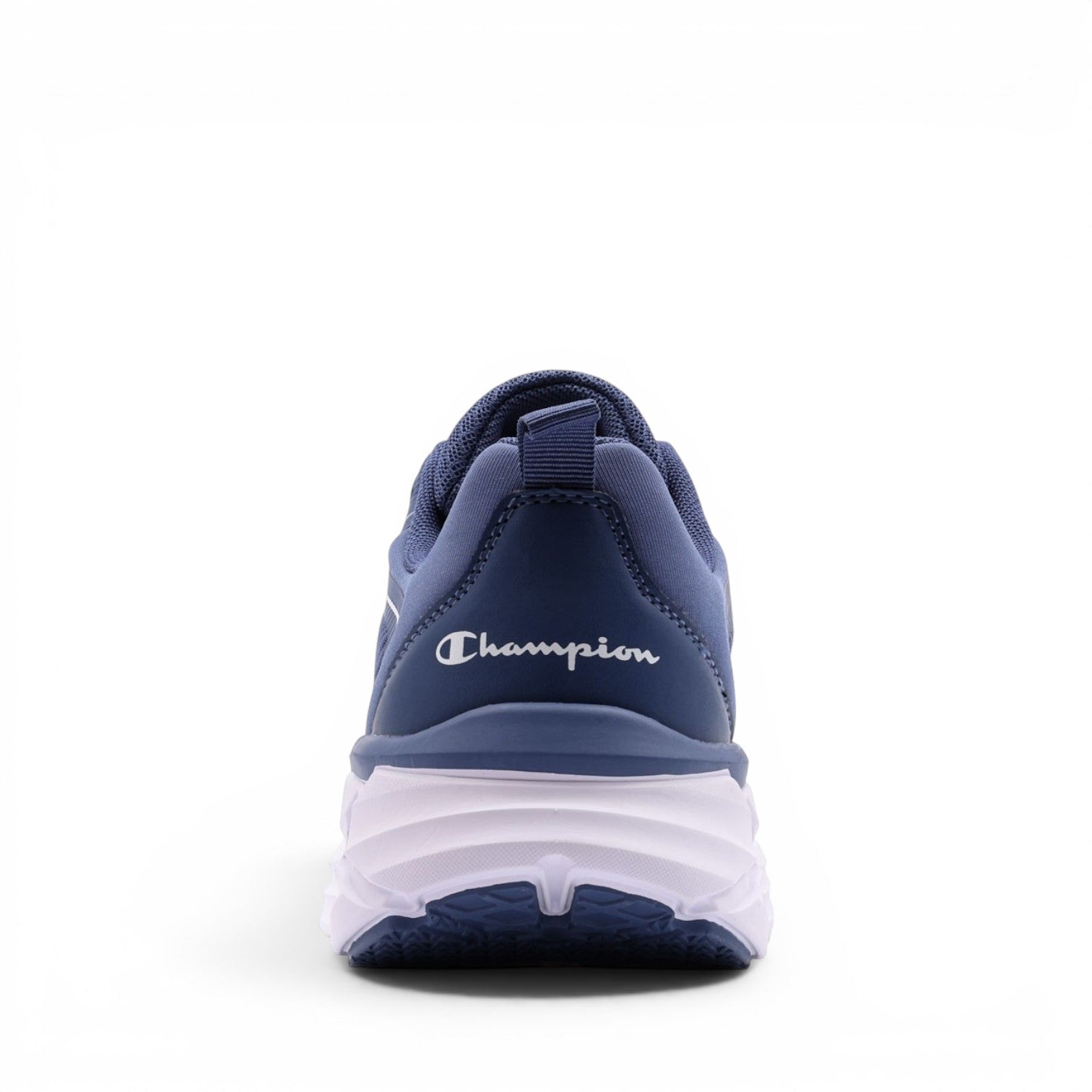 Rear view of blue Champion FX III Low sneakers with white logo and thick white midsole from ShoeShop