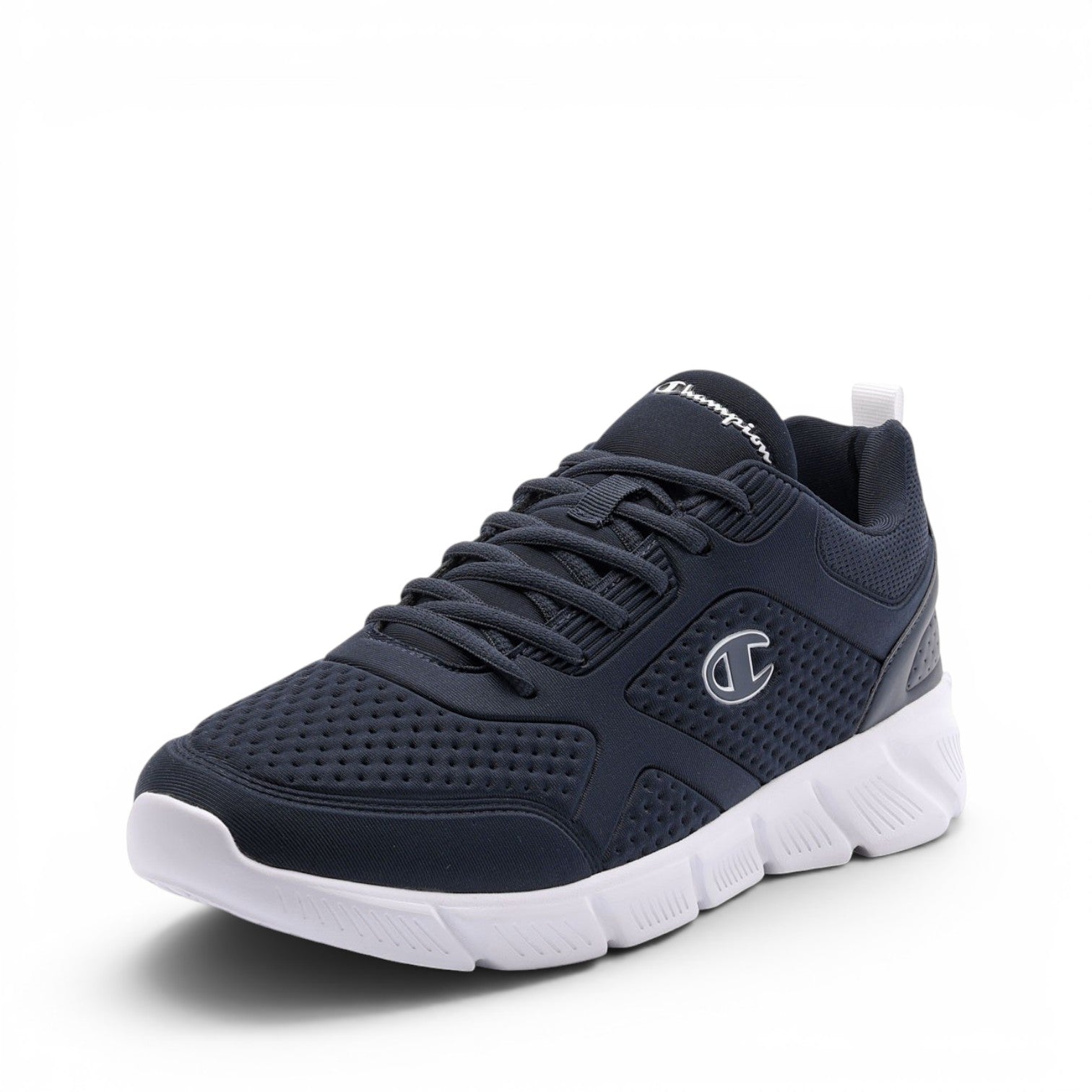 ShoeShop Champion Jolt navy blue athletic sneakers with white cushioned soles and breathable mesh upper