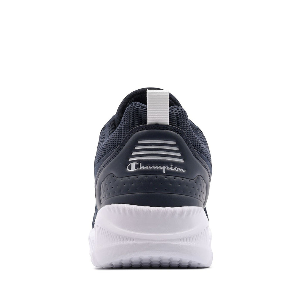 Rear view of navy blue Champion Jolt sneakers with white sole and pull tab from ShoeShop