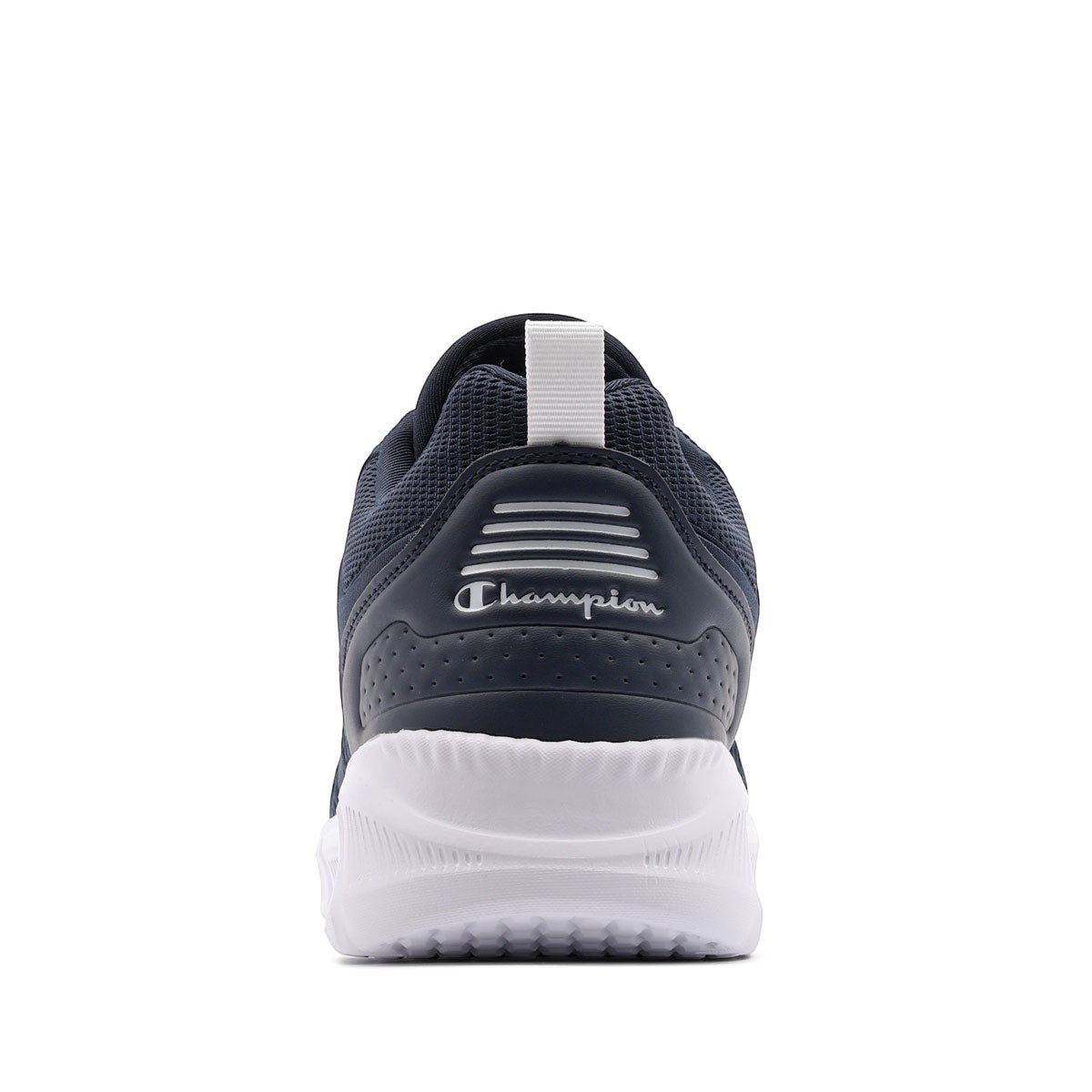 Rear view of navy blue Champion Jolt sneakers with white sole and pull tab from ShoeShop