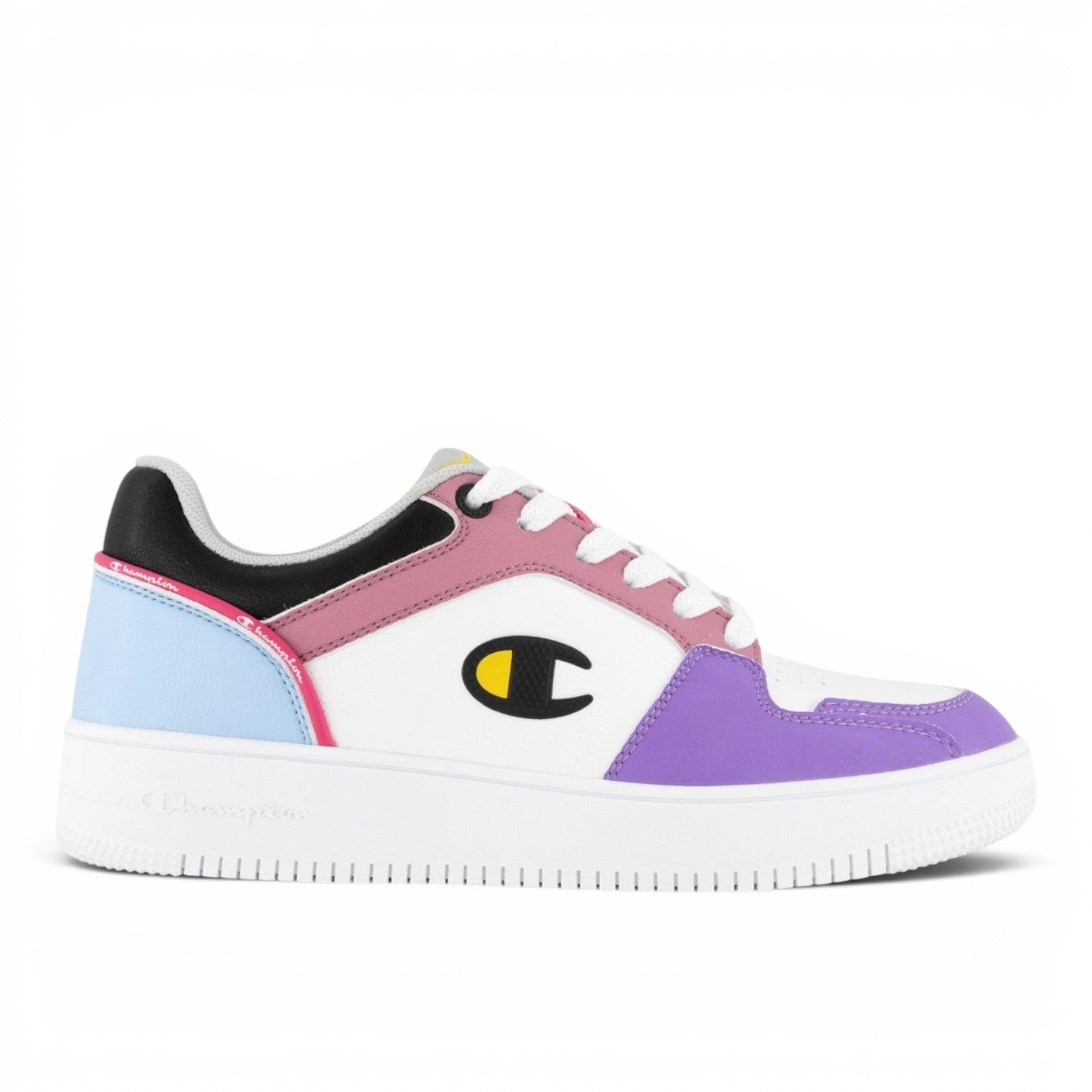 ShoeShop Champion Rebound 2.0 Low sneakers in white, pink, purple, and blue synthetic leather with a rubber sole.