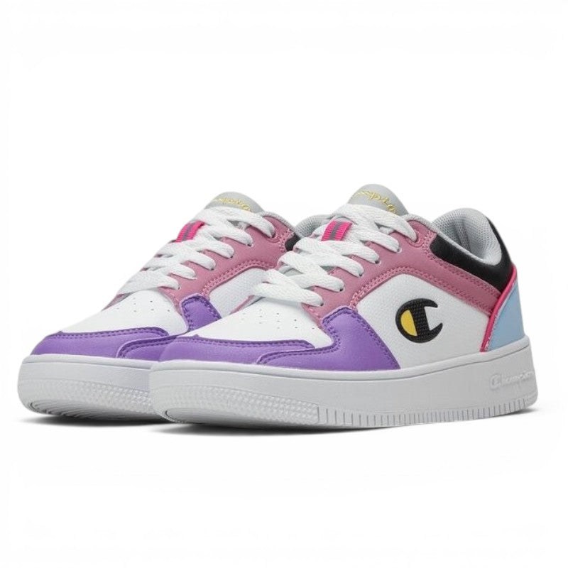 ShoeShop Champion Rebound 2.0 Low sneakers in white, purple, and pink synthetic leather with a durable rubber sole.