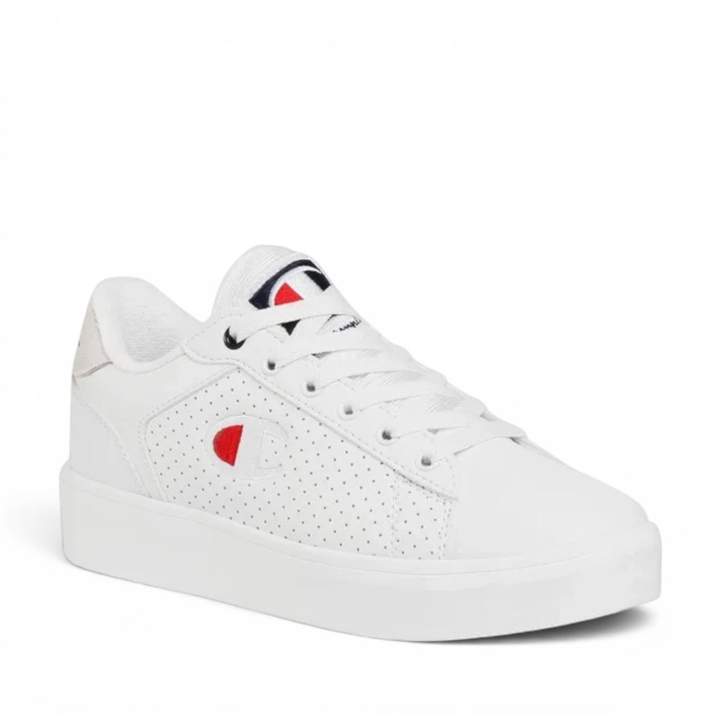ShoeShop Champion S11177 white low-top sneakers with perforated side panels and iconic red and blue logo branding.