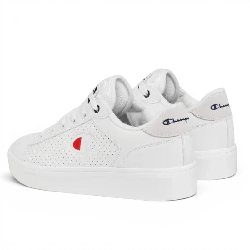 ShoeShop Champion S11177 white low-top sneakers with perforated side panels and red logo detail