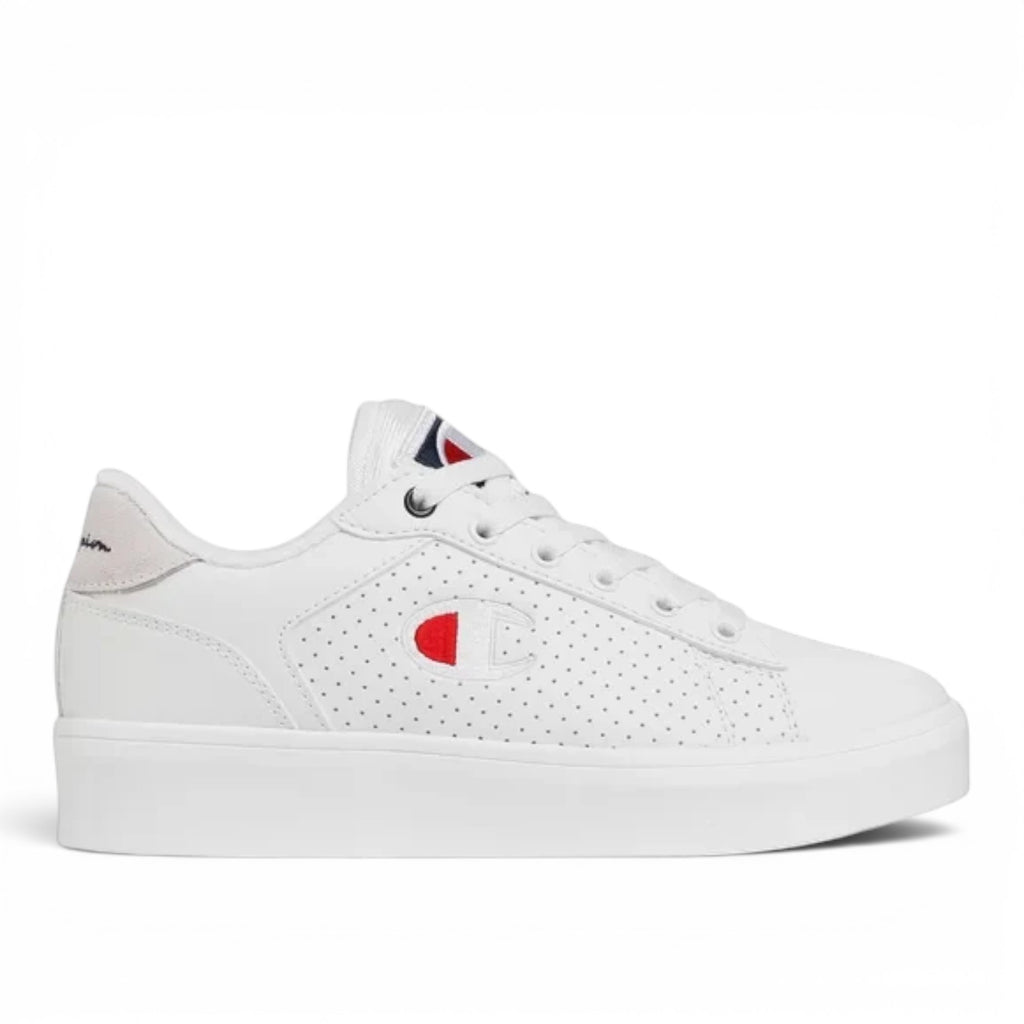 ShoeShop Champion S11177 white low-top sneakers with perforated side panels and red and blue logo branding.