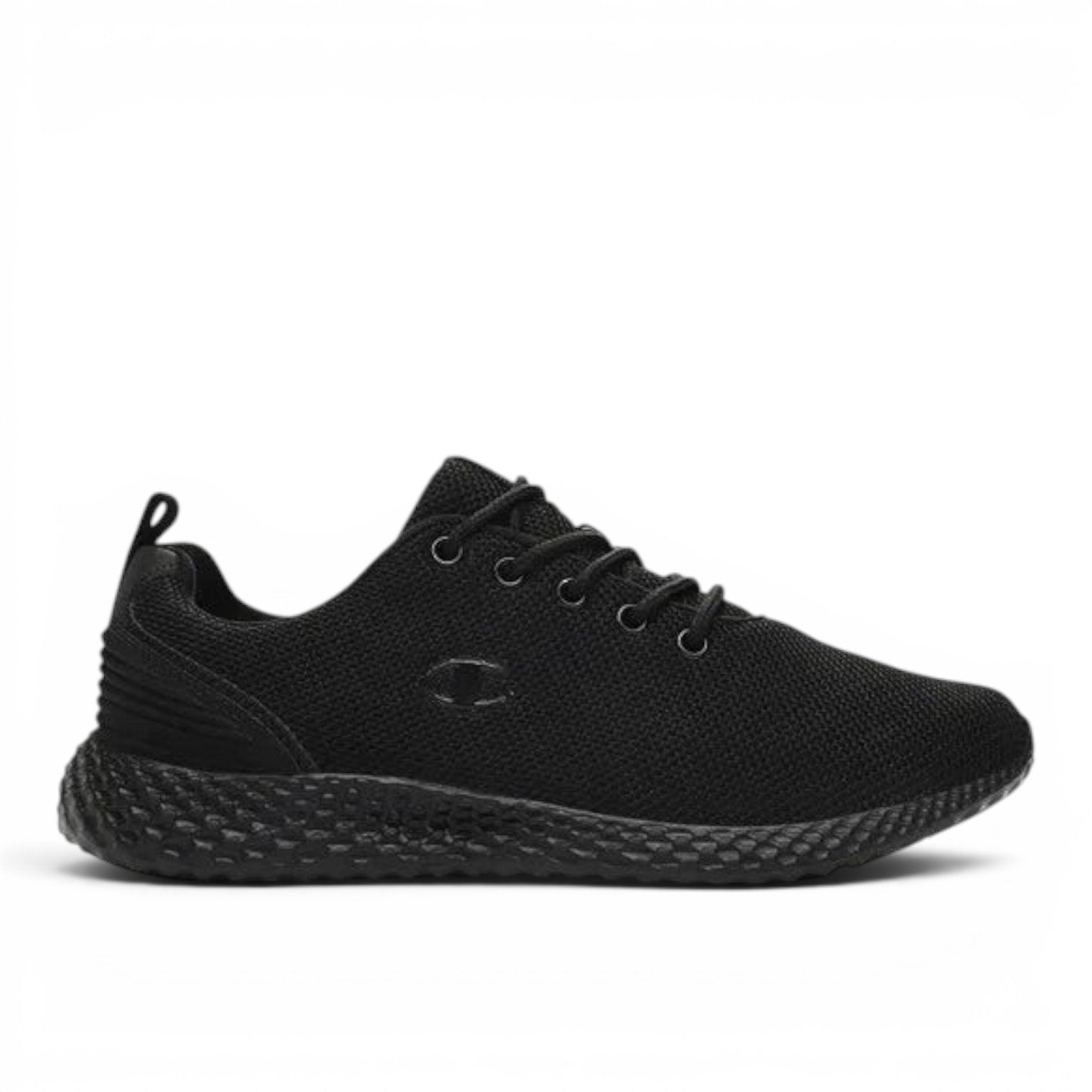ShoeShop Champion S11496 black mesh sneakers with a textured honeycomb sole and lace-up closure.