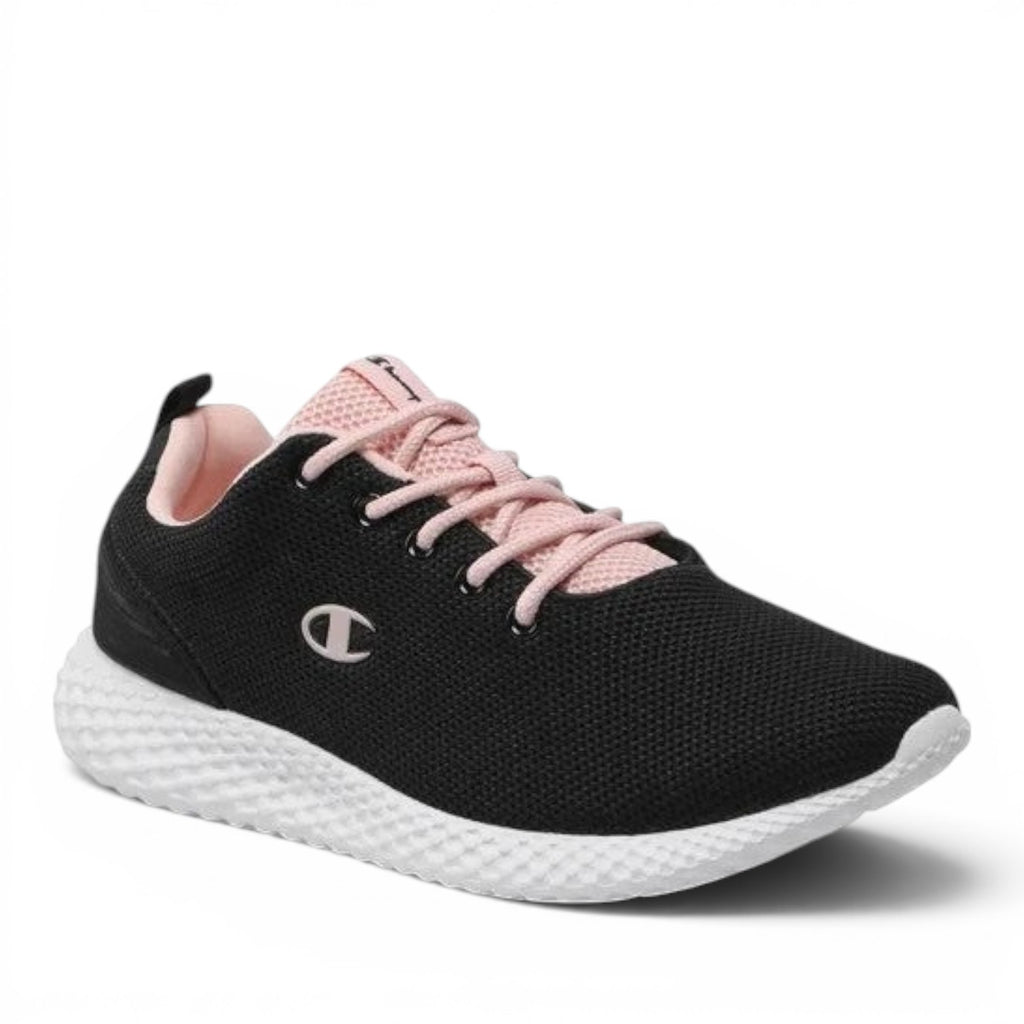 ShoeShop Champion S11496 black and pink mesh sneakers with white textured athletic sole and lace-up closure