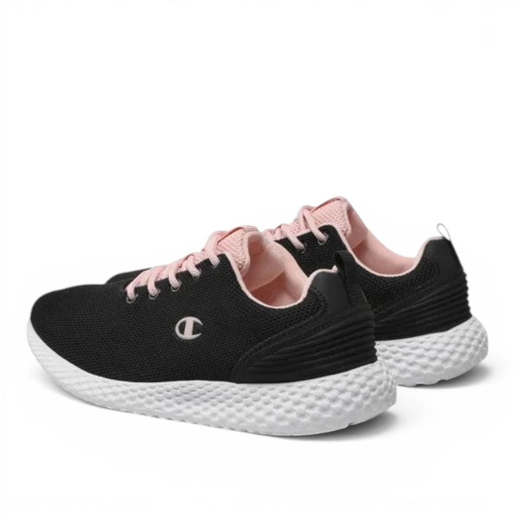 ShoeShop Champion S11496 black and pink mesh sneakers with white textured athletic soles