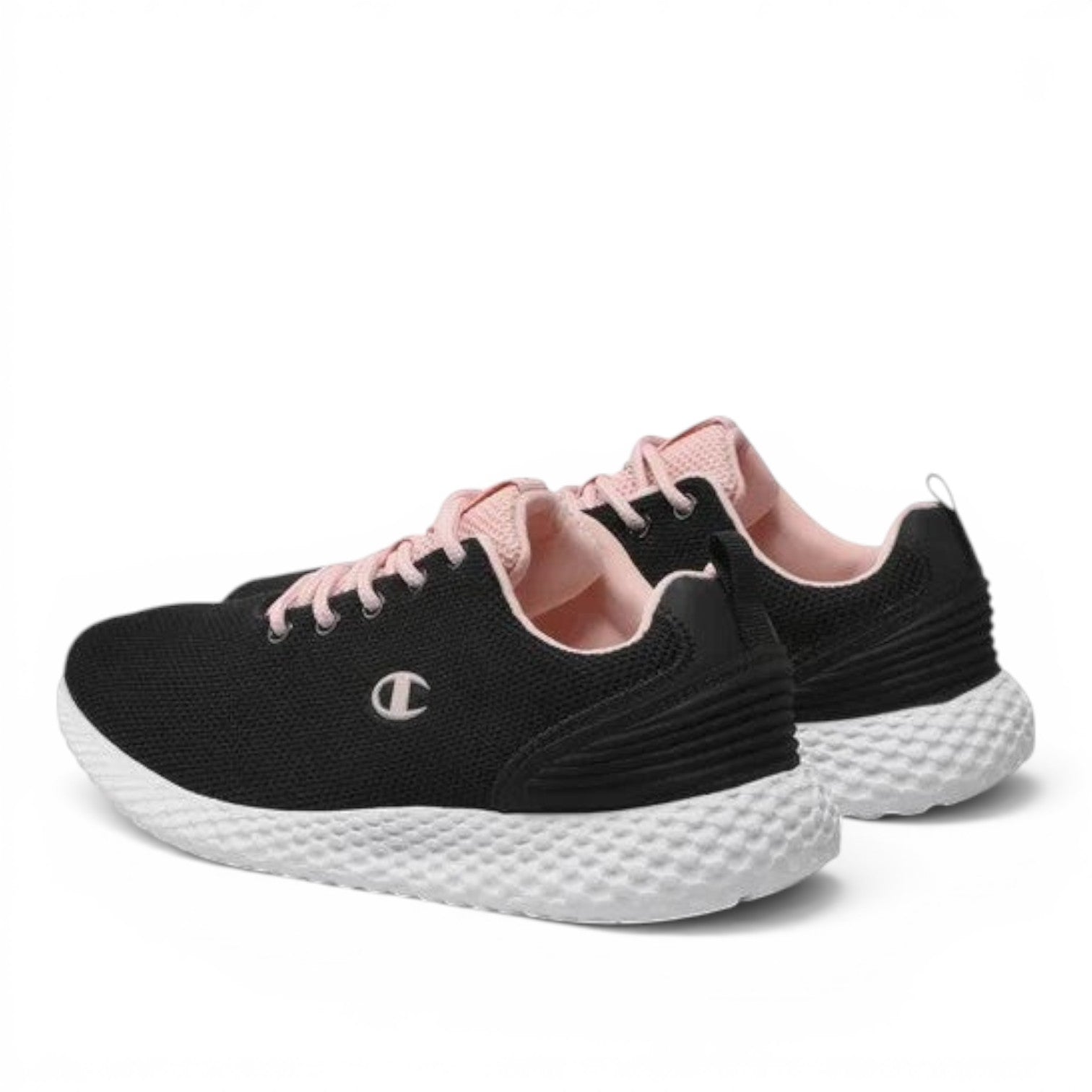 ShoeShop Champion S11496 black and pink mesh sneakers with white textured athletic soles