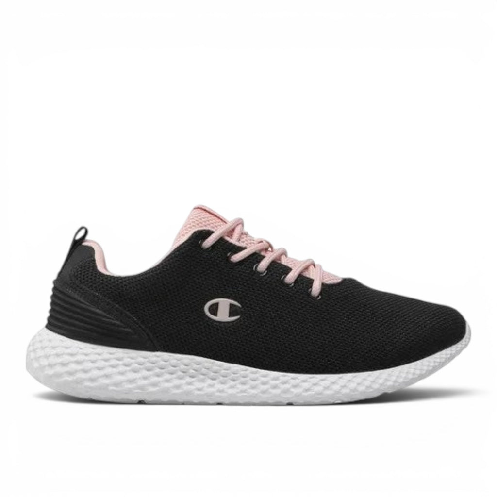 ShoeShop Champion S11496 black and pink athletic sneakers with a textured white sole and breathable mesh upper.