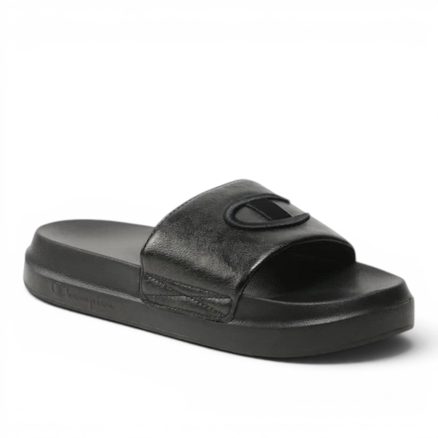 ShoeShop Champion S11561 black slide sandals with embossed logo on the strap and contoured footbed