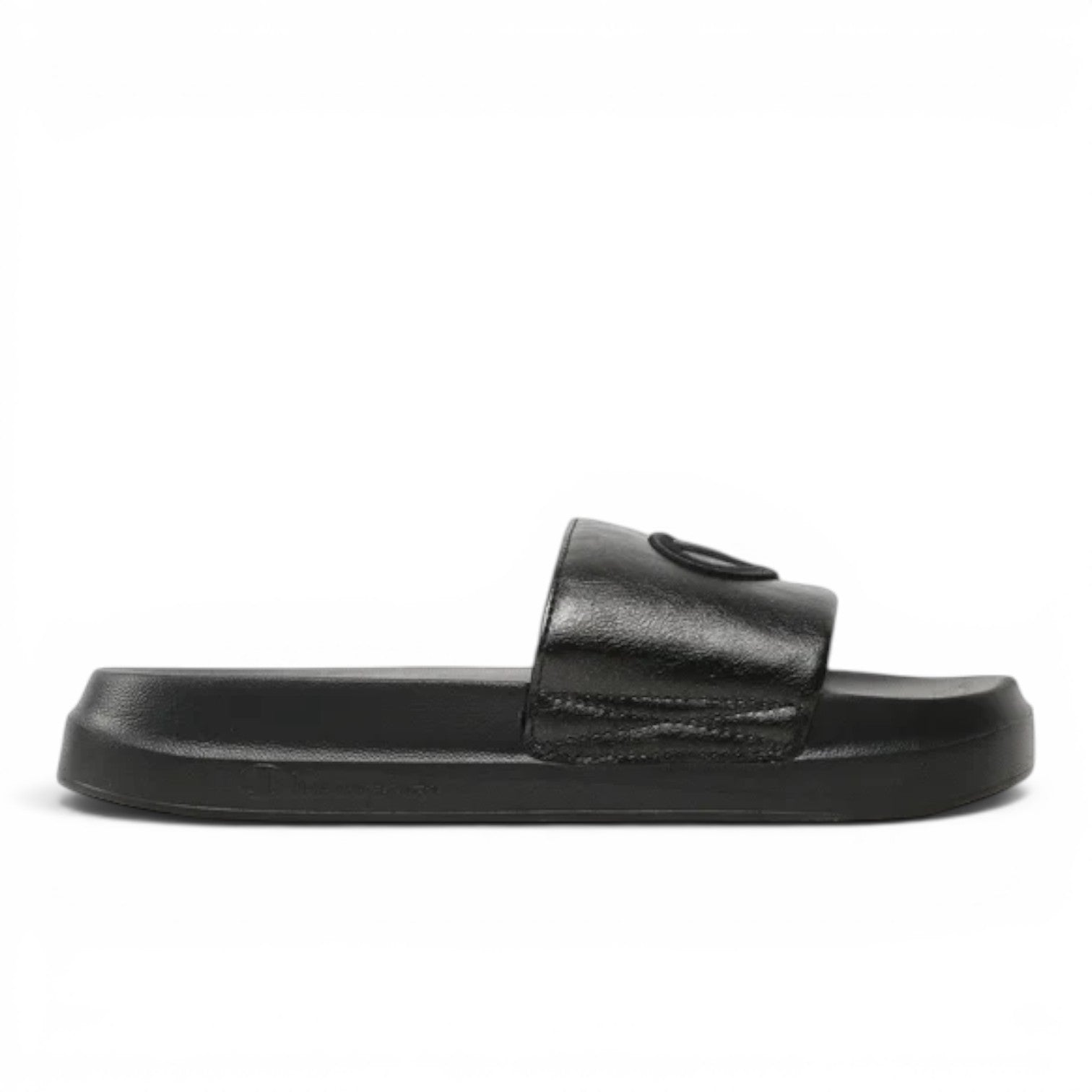 ShoeShop Champion S11561 black slide sandals with embossed logo on the strap and a comfortable contoured footbed.