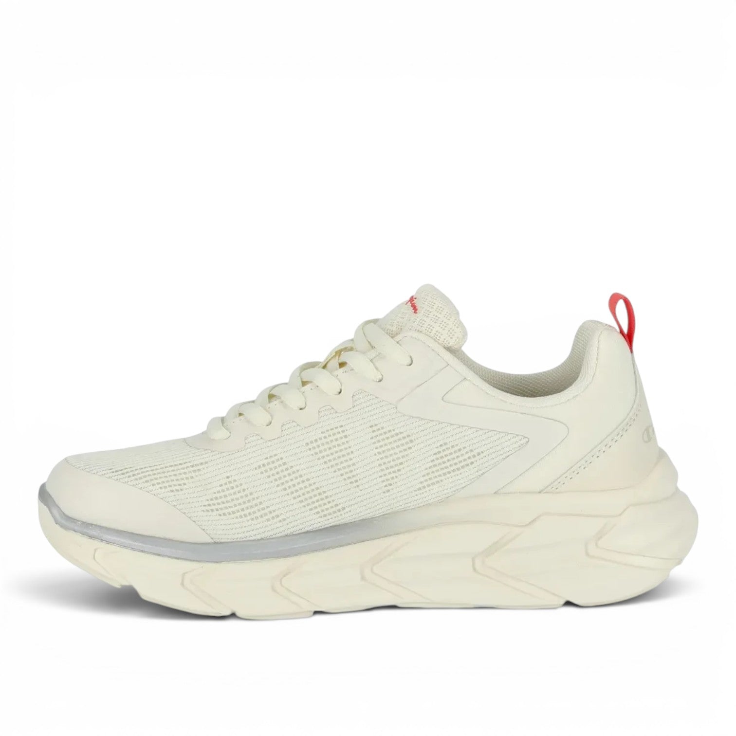 ShoeShop Champion S11696 off-white lightweight mesh sneakers with a chunky sole and red heel pull tab.