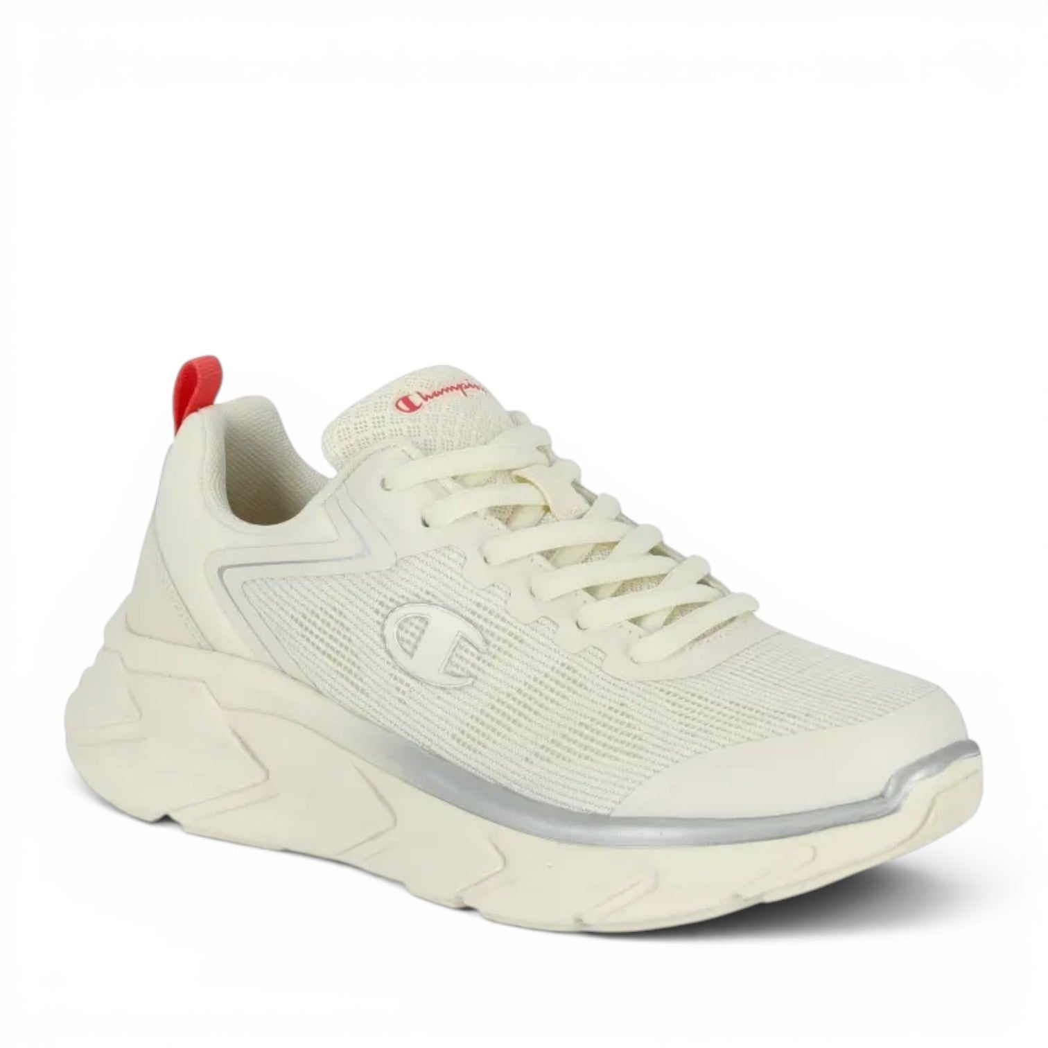 ShoeShop Champion S11696 off-white athletic sneakers with mesh upper, silver accents, and red heel pull tab.