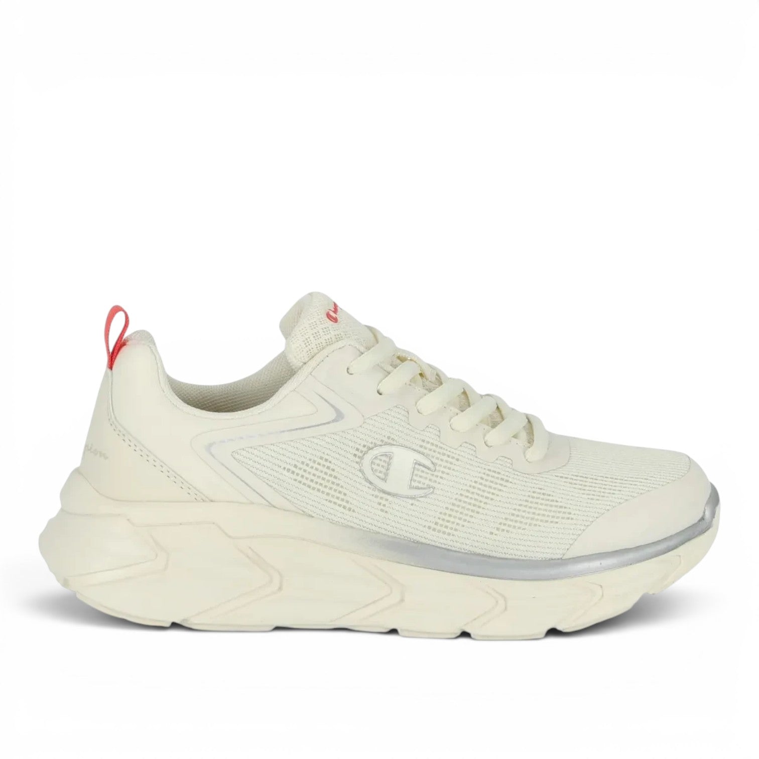 Champion S11696 off-white athletic sneakers with mesh upper, chunky sole, and red heel tab from ShoeShop.