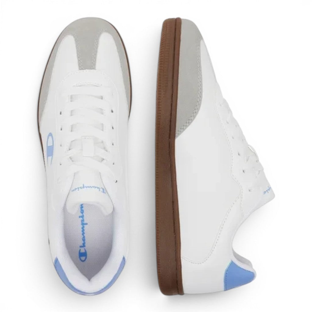 ShoeShop Champion S11735 white sneakers with grey suede overlays, blue accents, and a brown gum rubber sole.