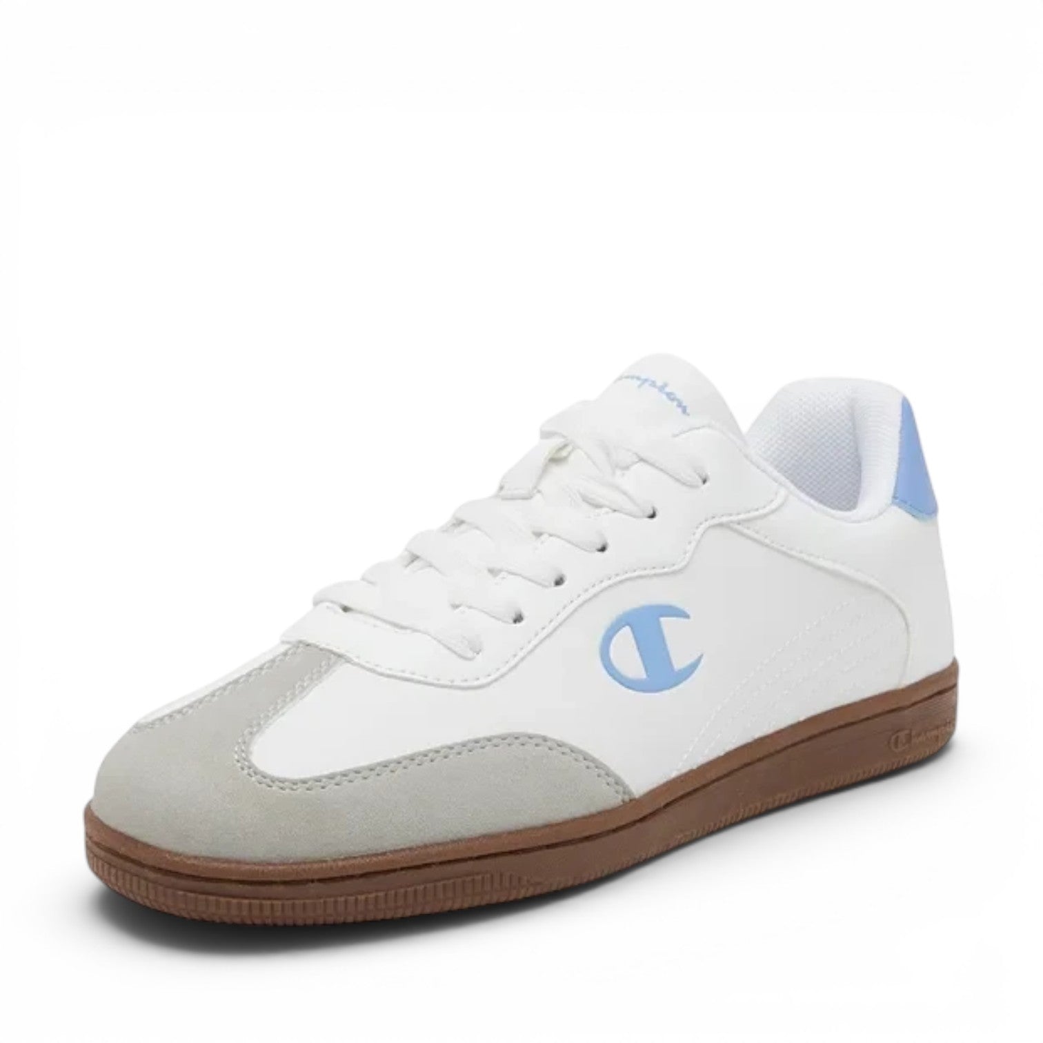 ShoeShop Champion S11735 white sneakers with light blue accents, grey suede toe cap, and a brown gum rubber sole.