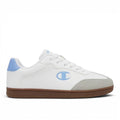 ShoeShop Champion S11735 white sneakers with light blue accents, suede toe cap, and a brown gum rubber sole.