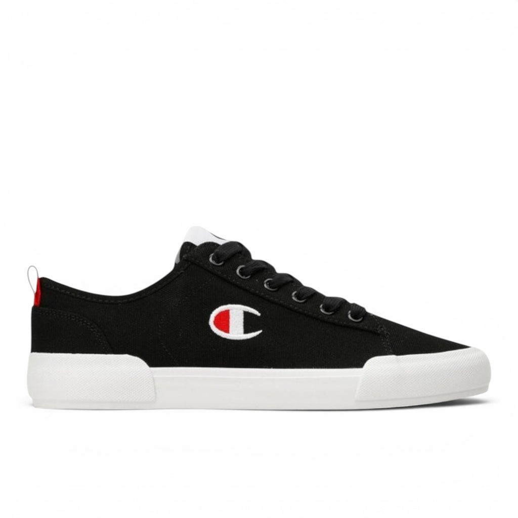 ShoeShop Champion S21856 black canvas low-top sneakers with white rubber sole and red heel tab detail