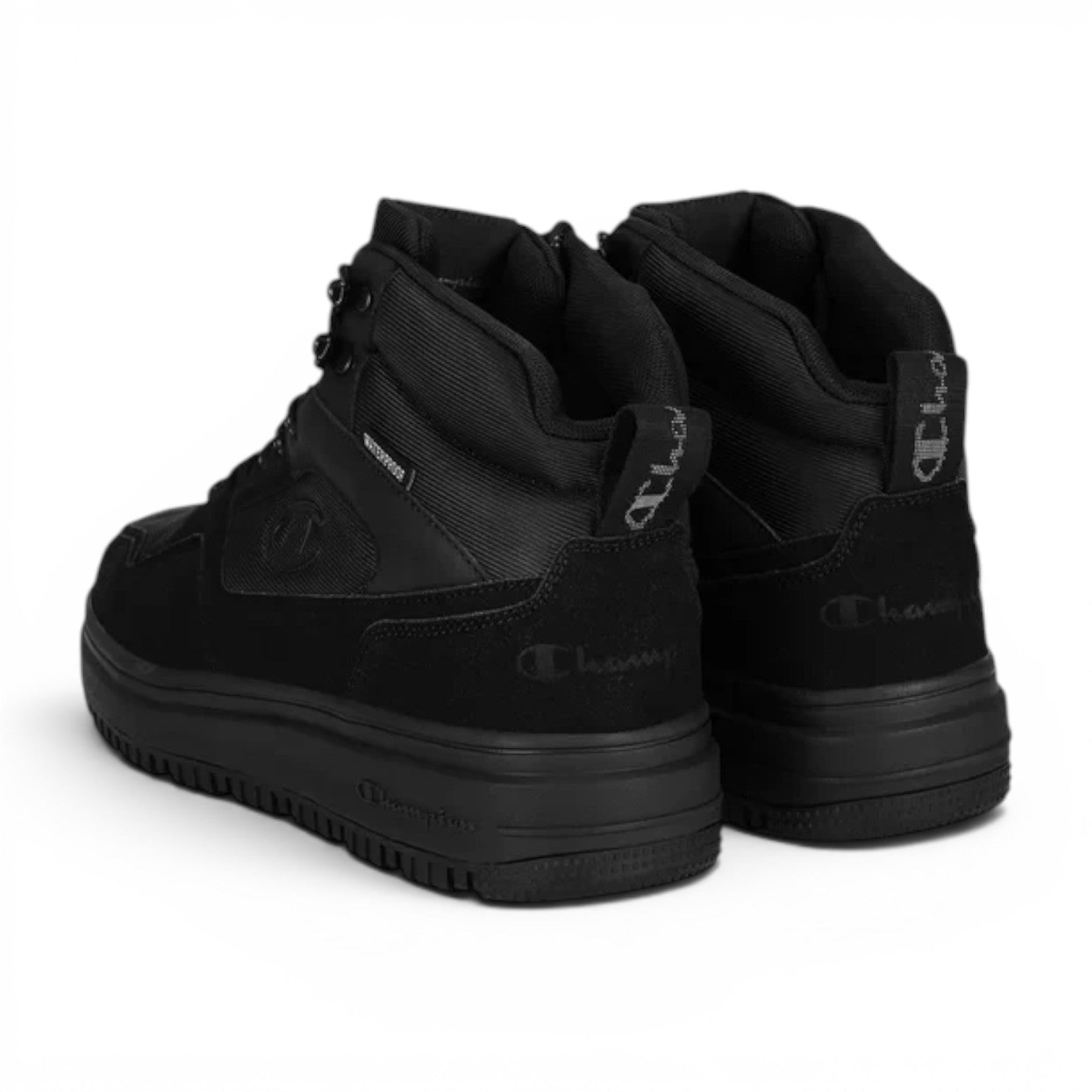 ShoeShop Champion S22298 black waterproof high-top sneakers with durable textured panels and logo detailing.