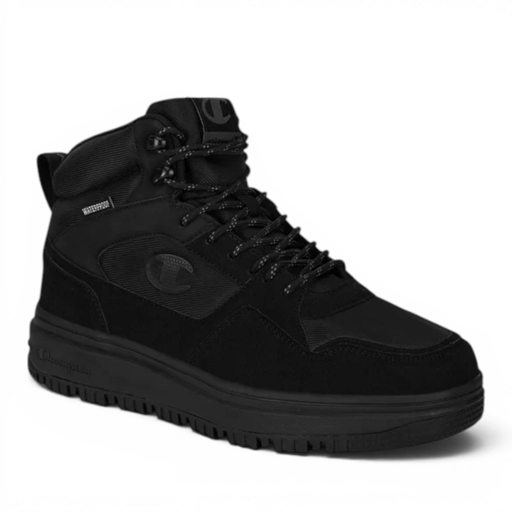 ShoeShop Champion S22298 black waterproof high-top sneakers with durable textured panels and rugged rubber sole.