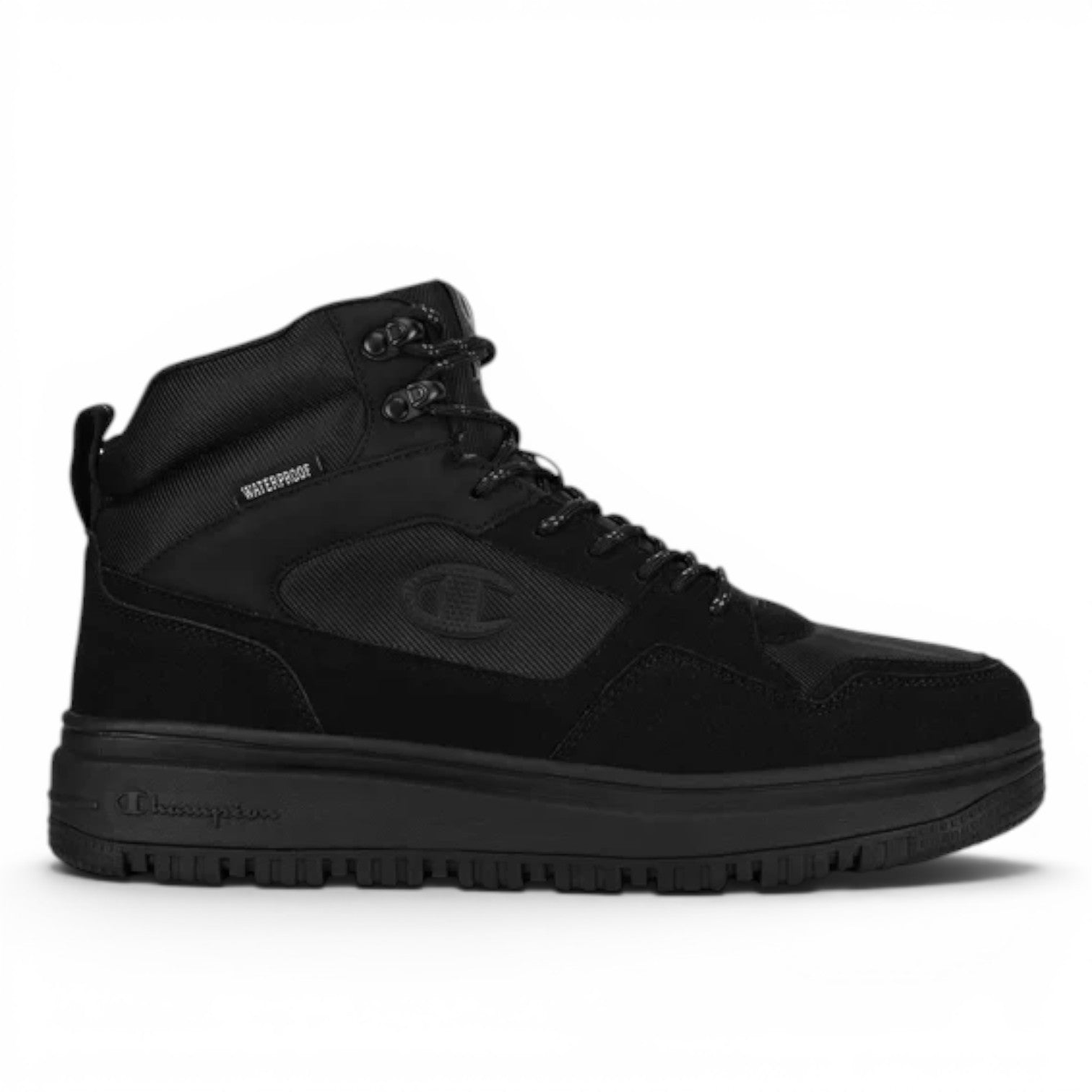 ShoeShop Champion S22298 black waterproof high-top sneakers with durable textured upper and rugged rubber sole.