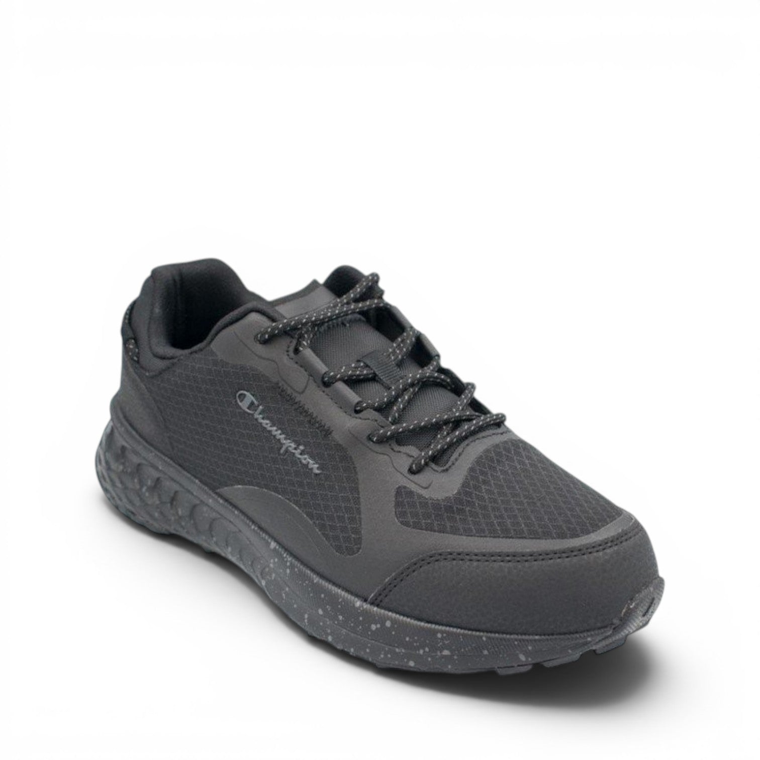 ShoeShop Champion S22302 black athletic sneakers with mesh upper, speckled midsole, and lace-up closure.
