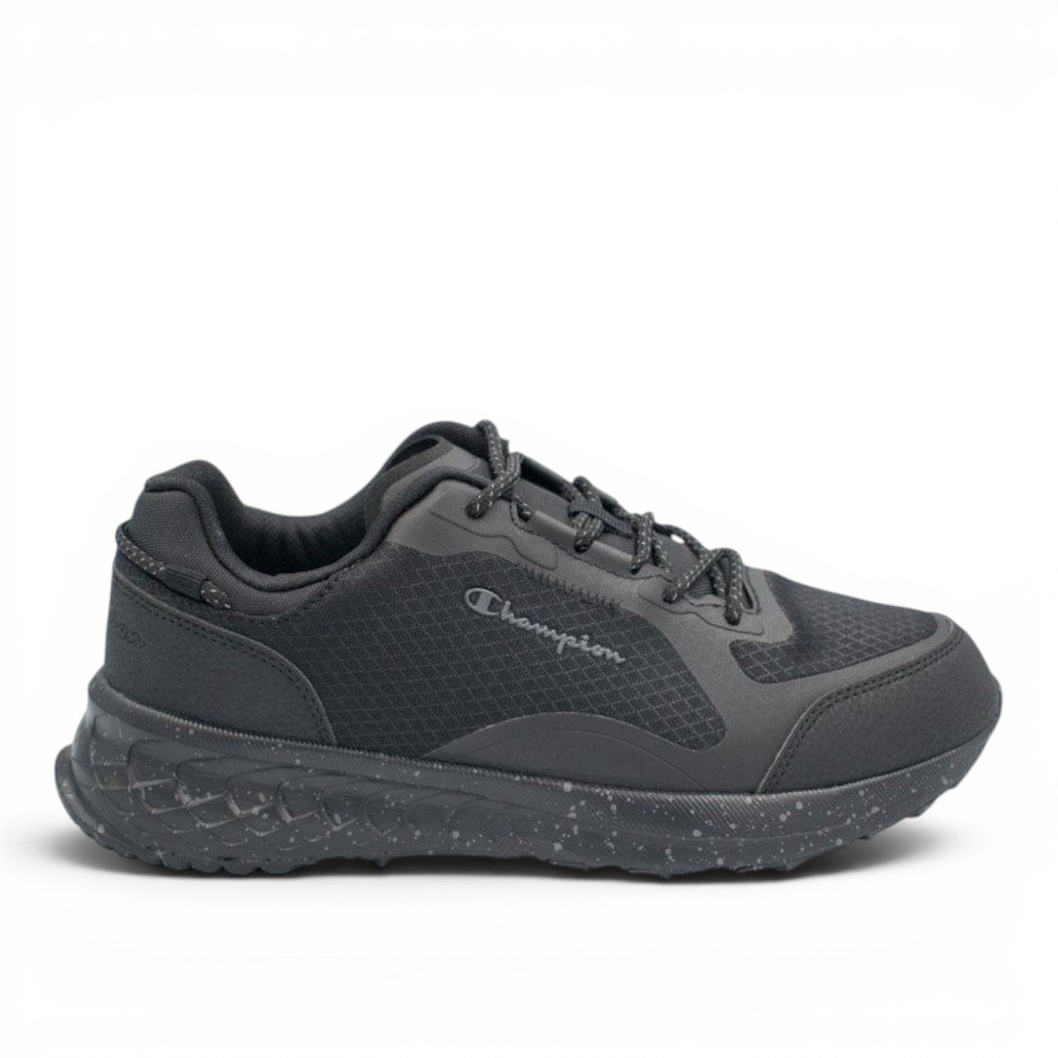ShoeShop Champion S22302 black athletic sneakers with mesh upper, lace-up closure, and speckled cushioned midsole.