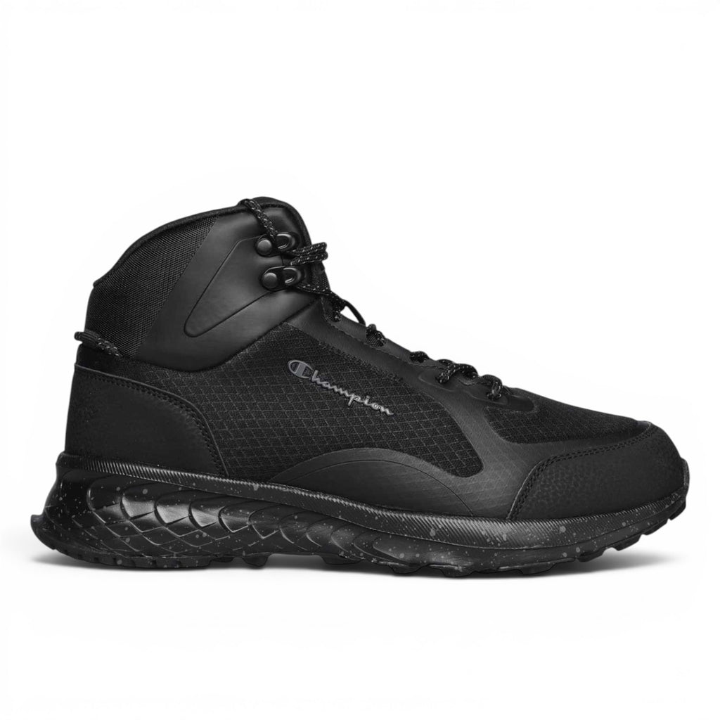 ShoeShop Champion Street Trek 3.0 Mid black synthetic hiking sneakers with a durable rubber sole and lace-up design.