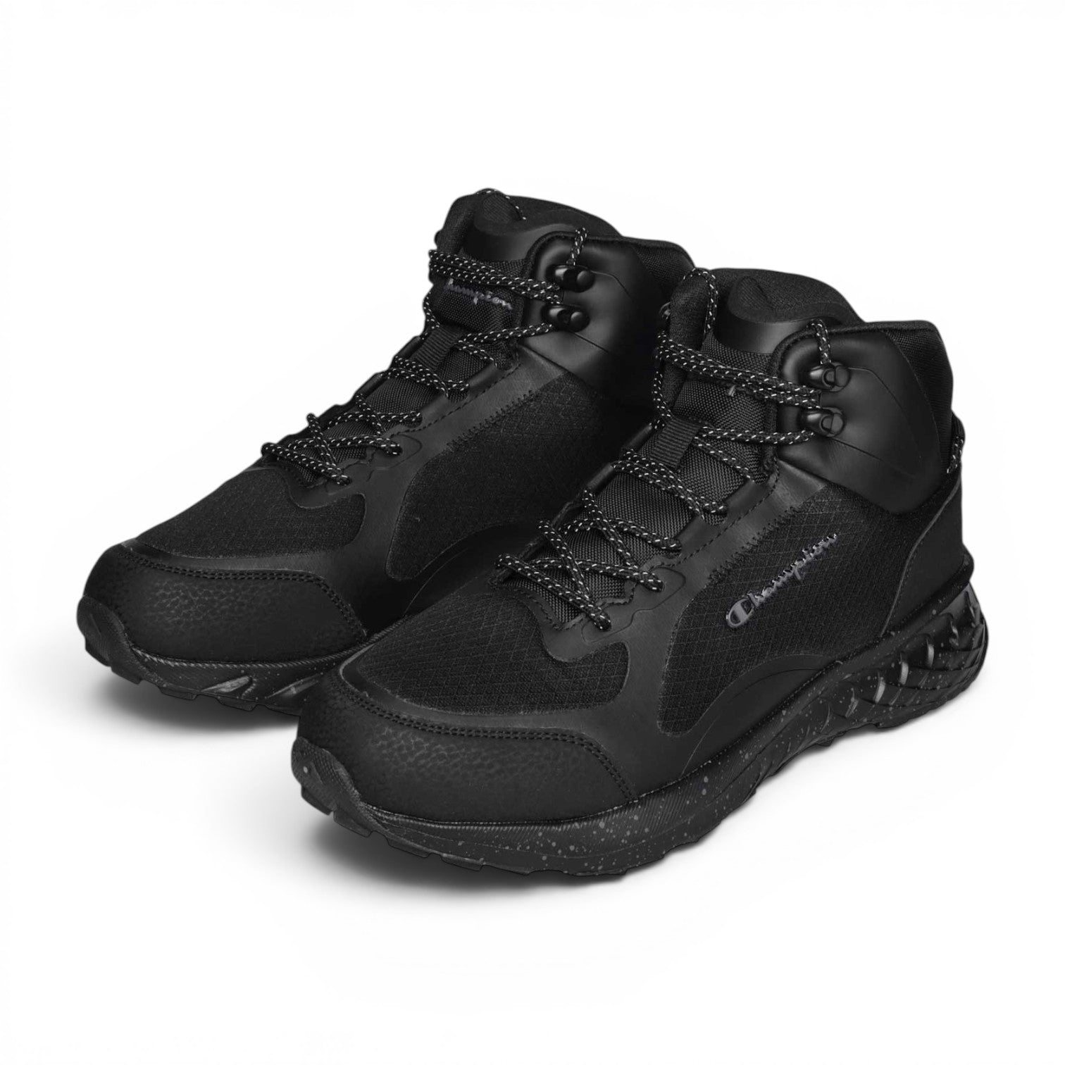 ShoeShop Champion Street Trek 3.0 Mid black synthetic hiking boots with durable rubber soles and lace-up closure.