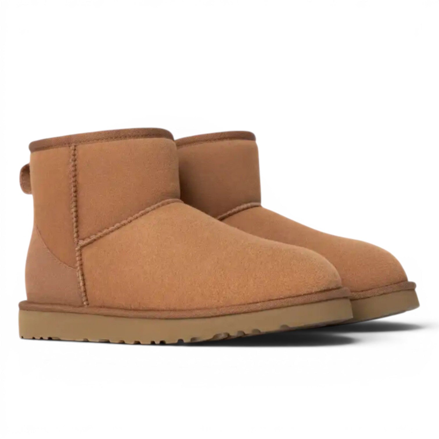 ShoeShop Classic Mini boots in tan suede with sheepskin lining and sugarcane EVA sole.