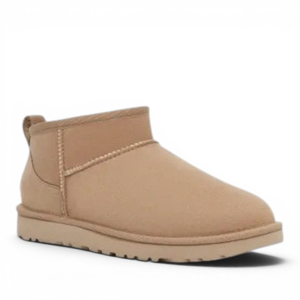 ShoeShop Classic Ultra Mini tan suede sheepskin lined boots with sugar cane EVA sole.