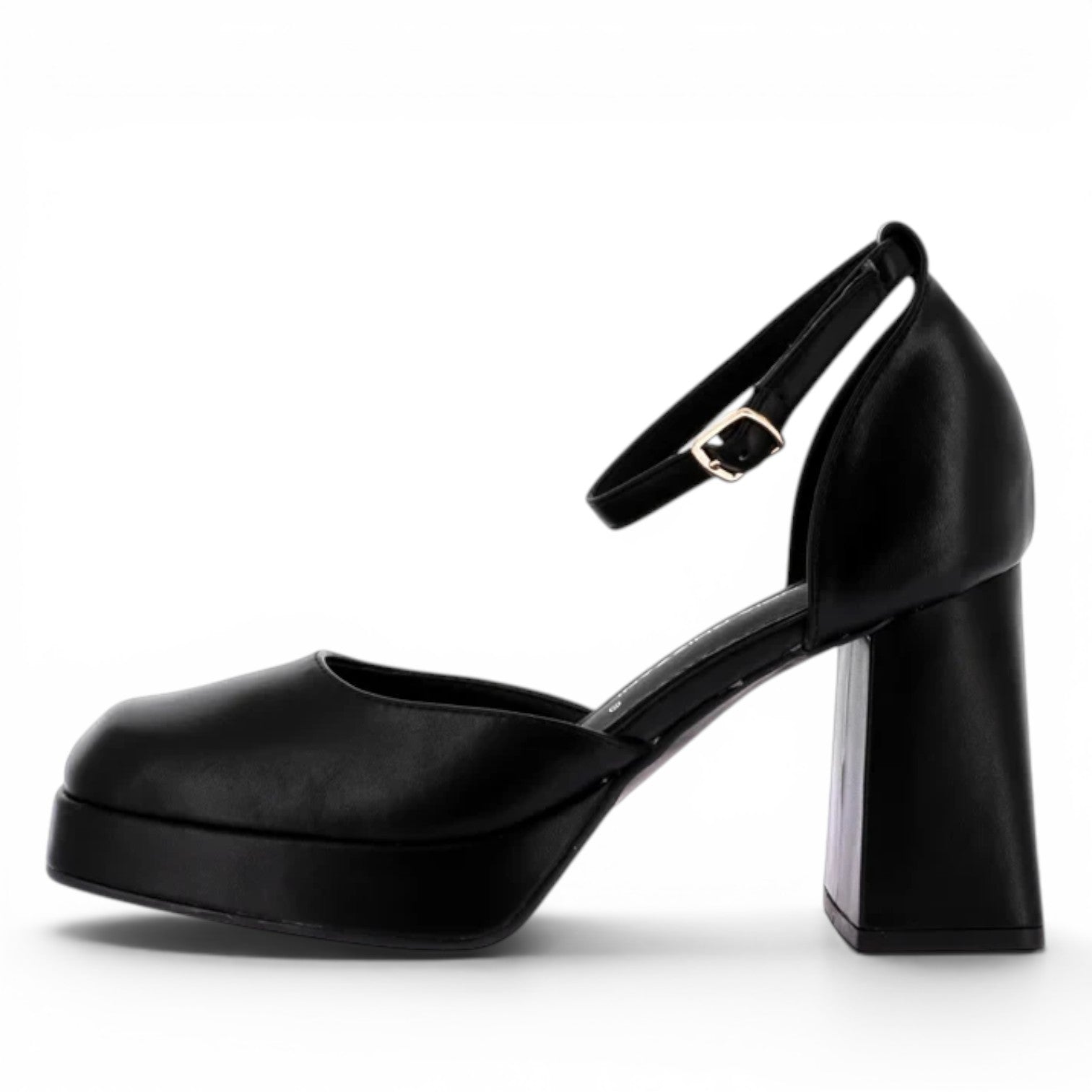 ShoeShop Claudia Ghizzani black platform heels with a square toe, block heel, and adjustable ankle strap.