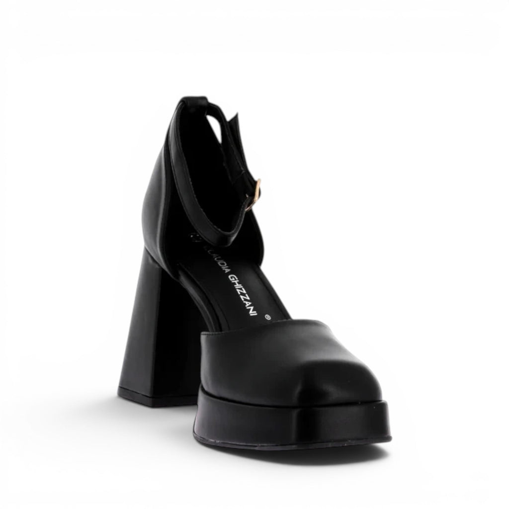 ShoeShop Claudia Ghizzani black platform heels with a square toe, block heel, and adjustable ankle strap.