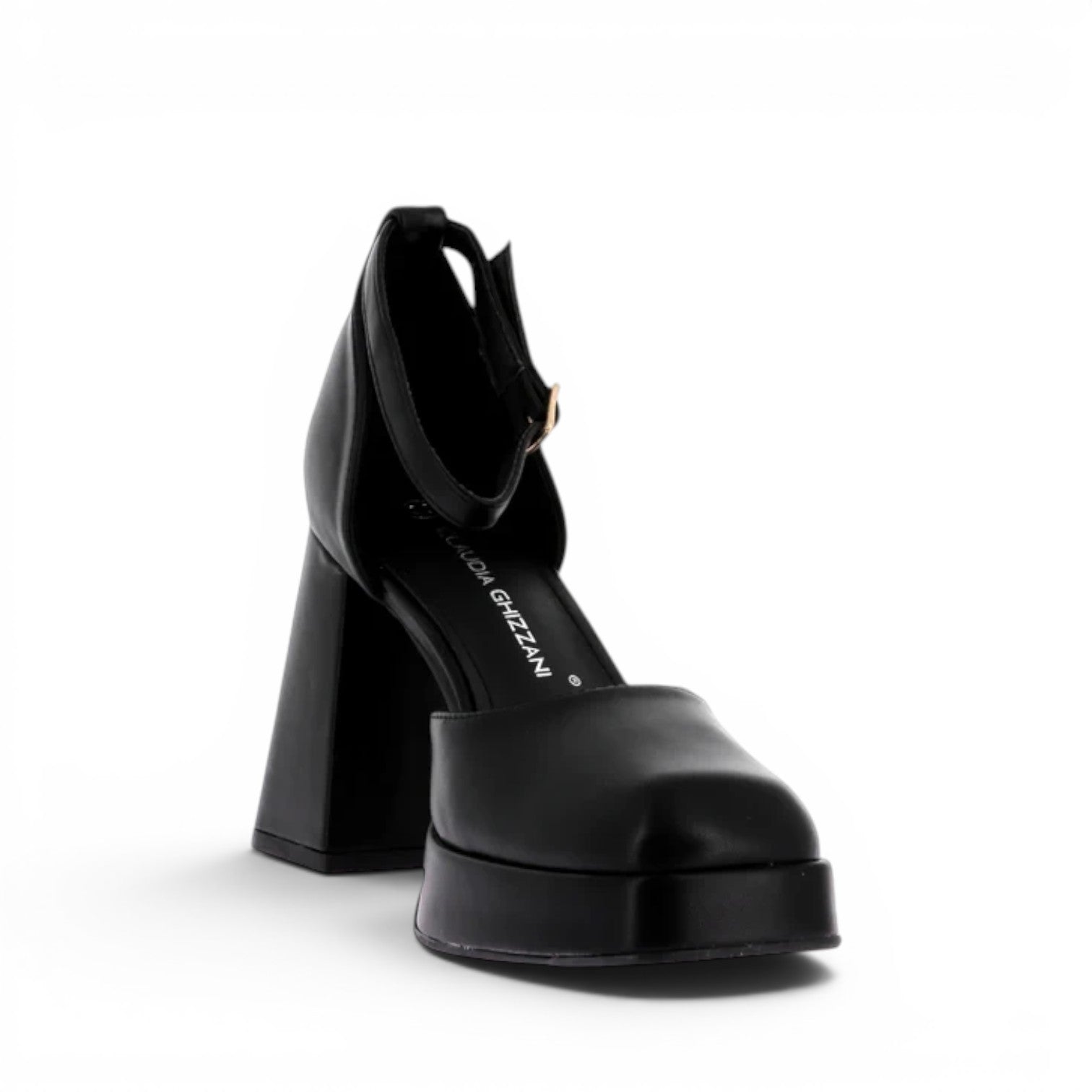 ShoeShop Claudia Ghizzani black platform heels with a square toe, block heel, and adjustable ankle strap.