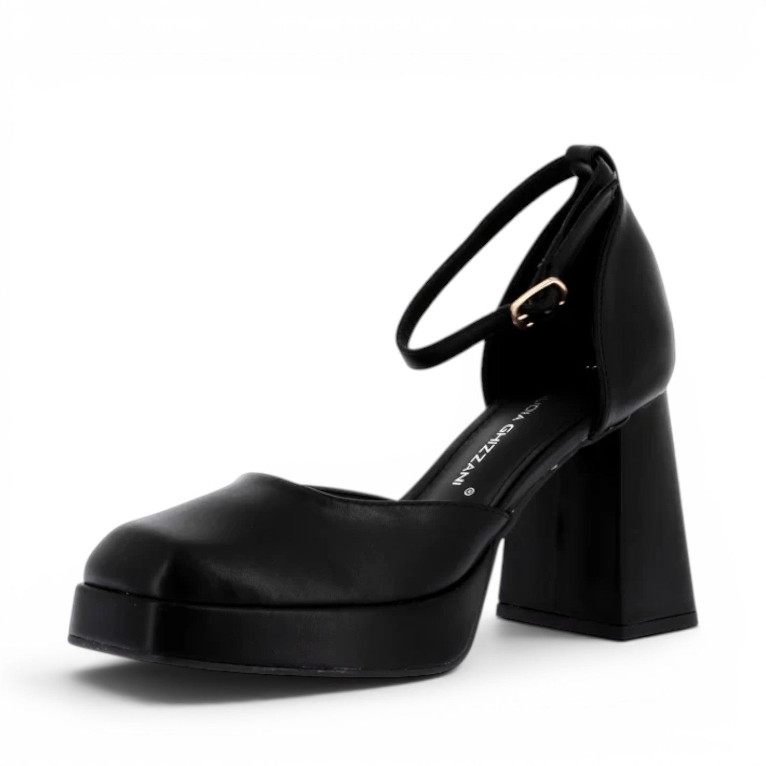 ShoeShop Claudia Ghizzani black platform heels with a square toe, block heel, and adjustable ankle strap.