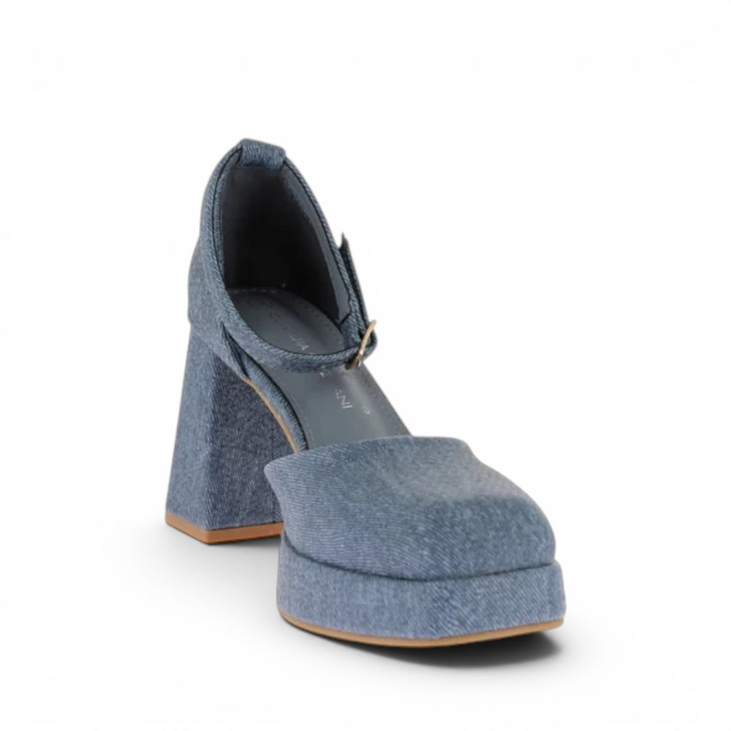 ShoeShop Claudia Ghizzani blue denim platform heels with a square toe and ankle strap closure.