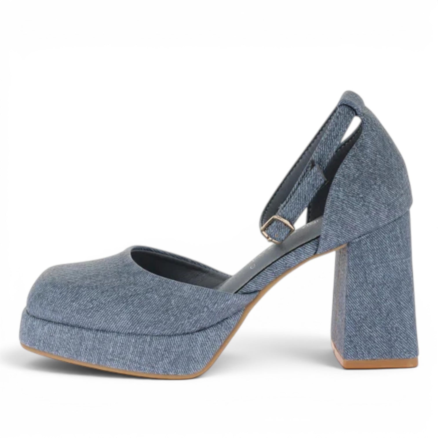ShoeShop Claudia Ghizzani blue denim platform heels with a square toe and adjustable ankle strap.