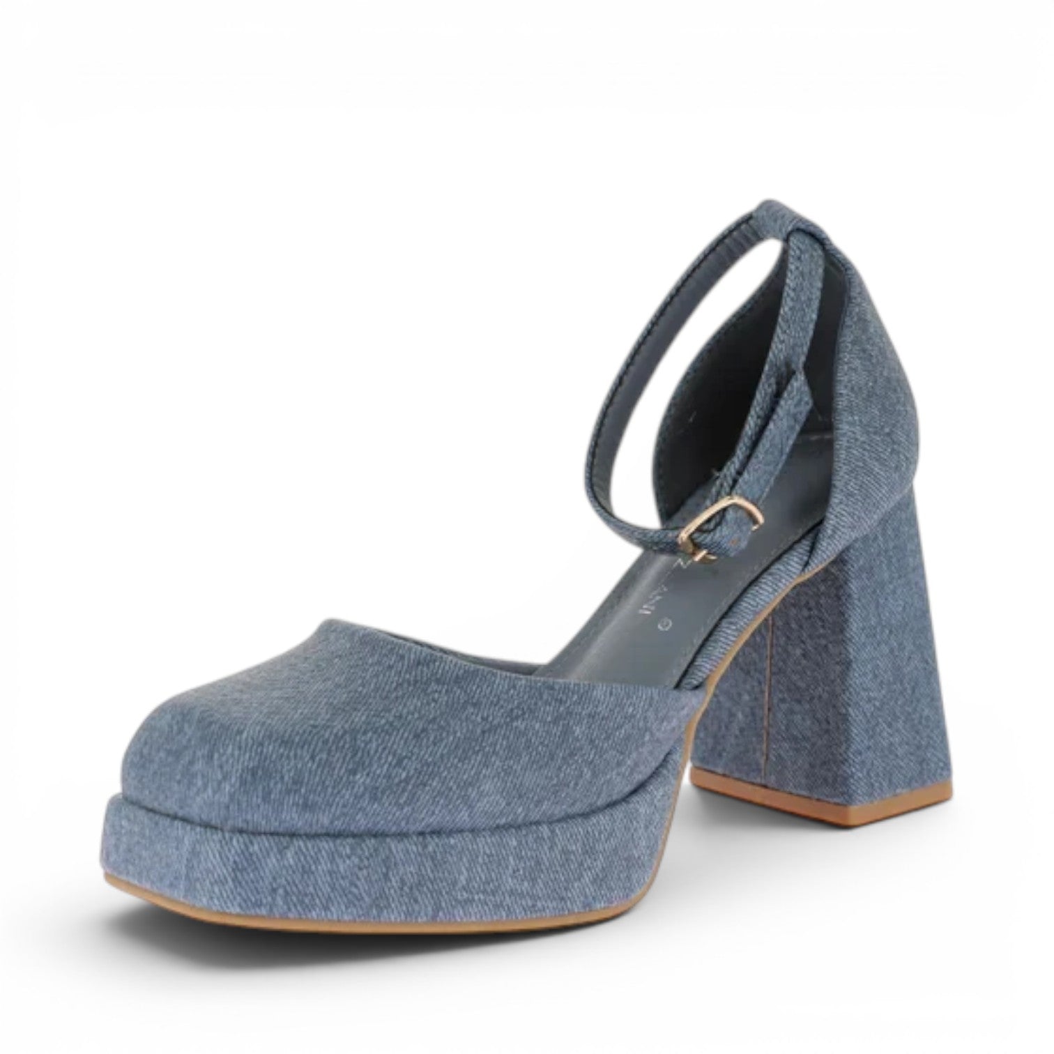 ShoeShop Claudia Ghizzani blue denim platform heels with a square toe, block heel, and adjustable ankle strap.