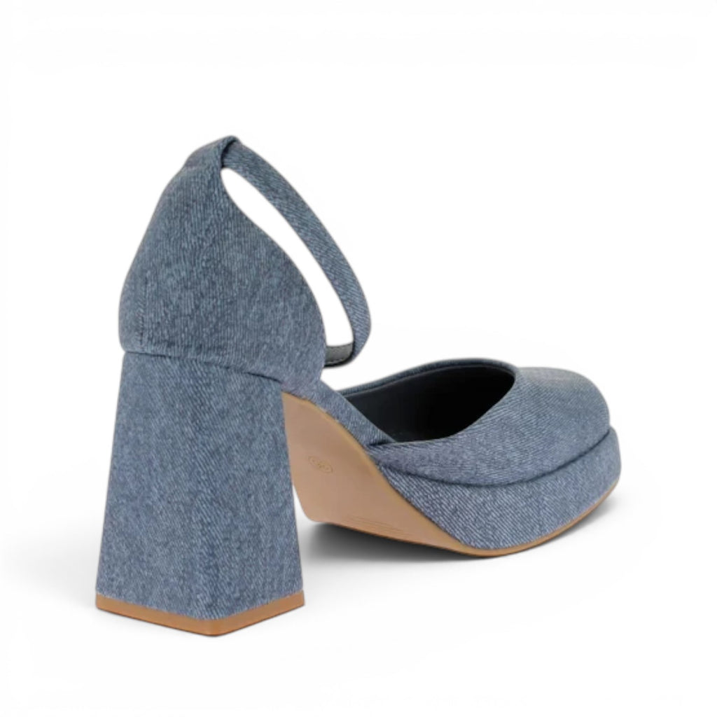 ShoeShop Claudia Ghizzani blue denim platform heels with a chunky block heel and ankle strap.