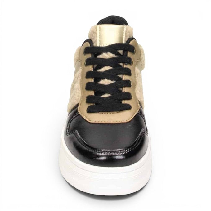 ShoeShop Claudia Ghizzani black and beige faux-fur lined sneakers with black laces and a thick white platform sole.