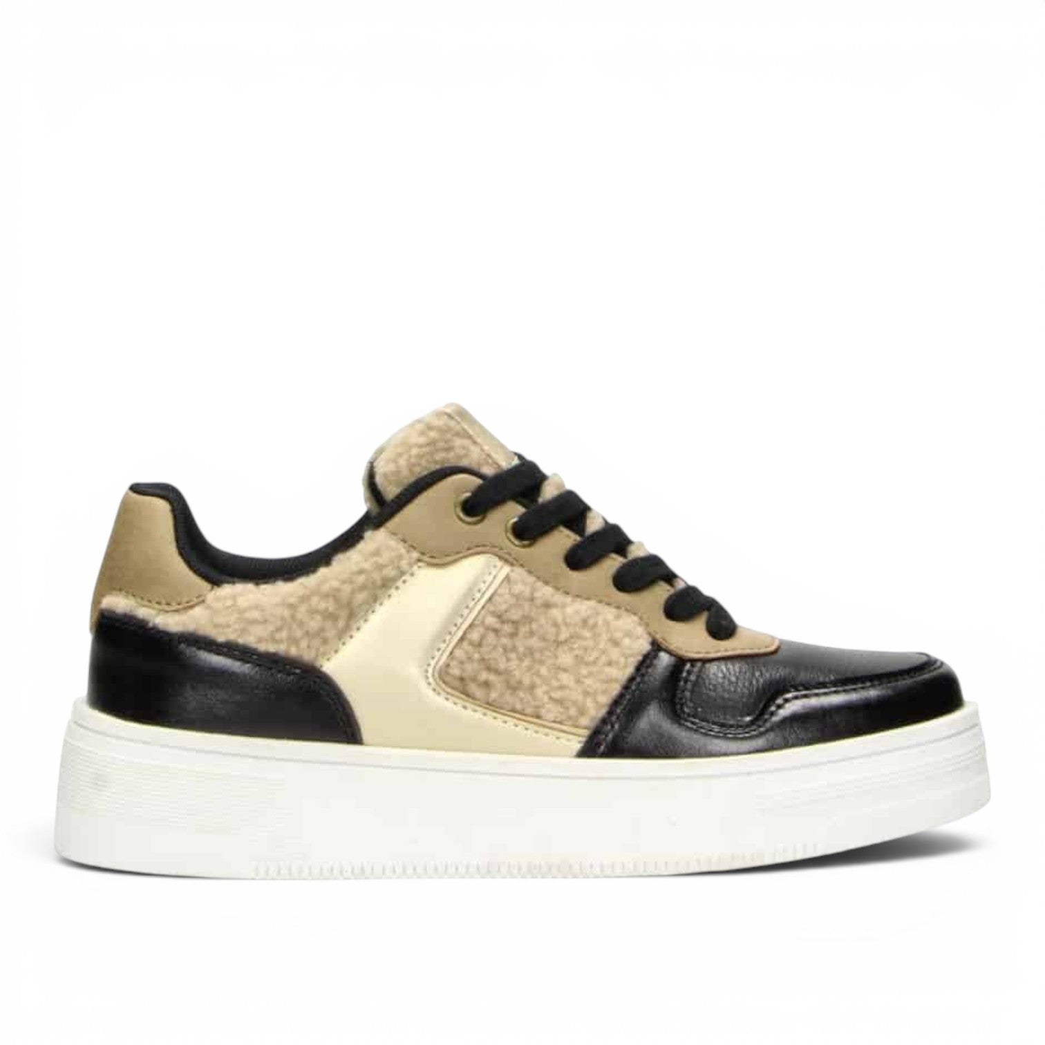 ShoeShop Claudia Ghizzani sneakers in black and beige with faux shearling panels and a thick white platform sole.