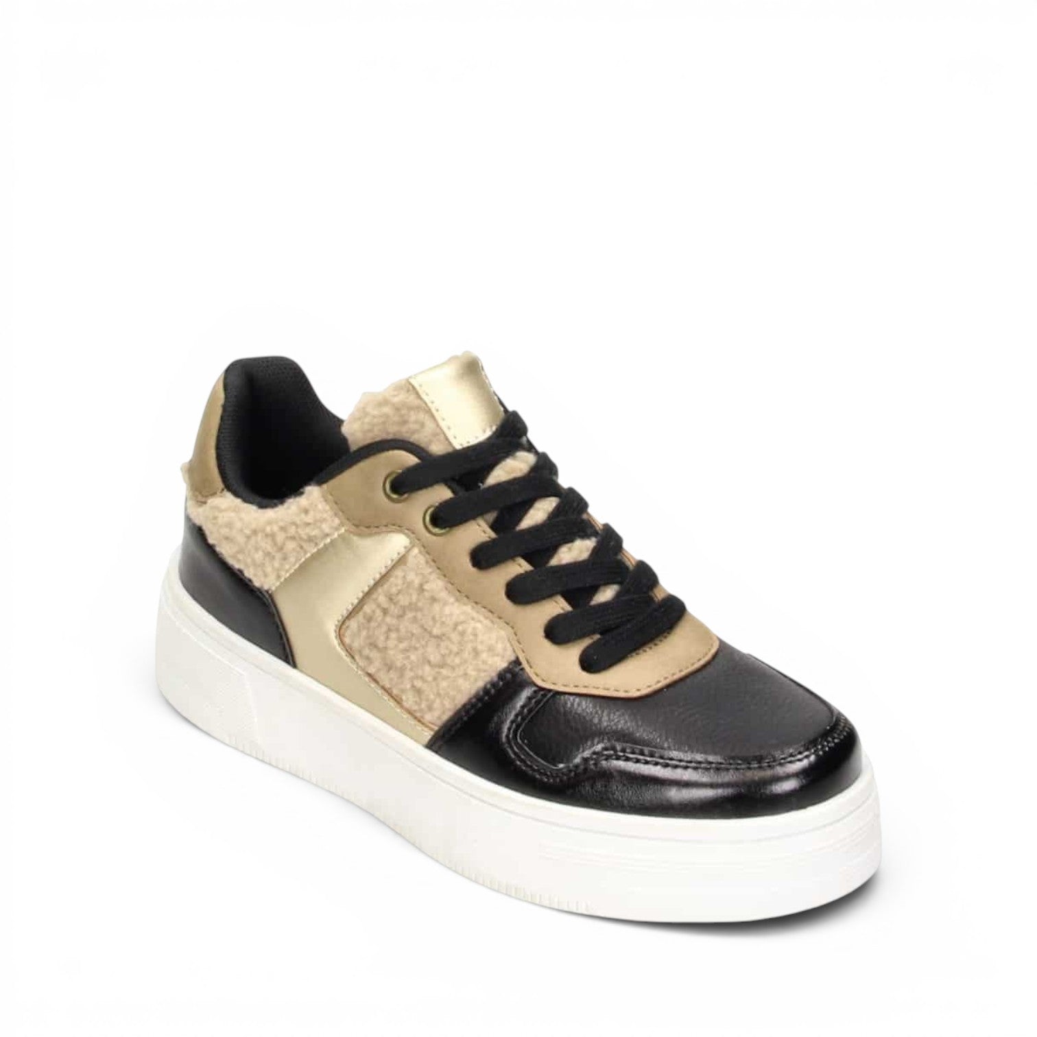 ShoeShop Claudia Ghizzani sneakers in black and gold with faux shearling panels and a thick white platform sole.