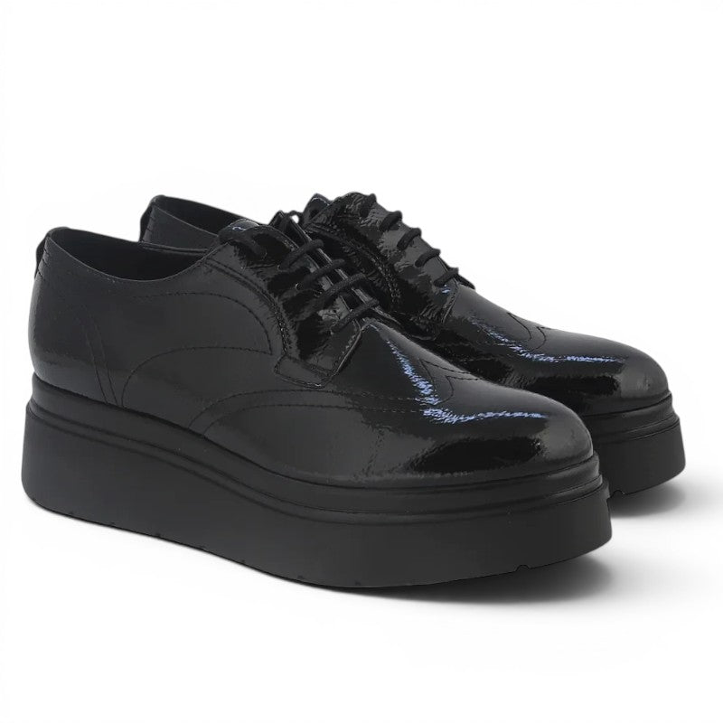 ShoeShop Comart 2C5319 black patent leather platform oxford shoes with lace-up closure and brogue detailing.