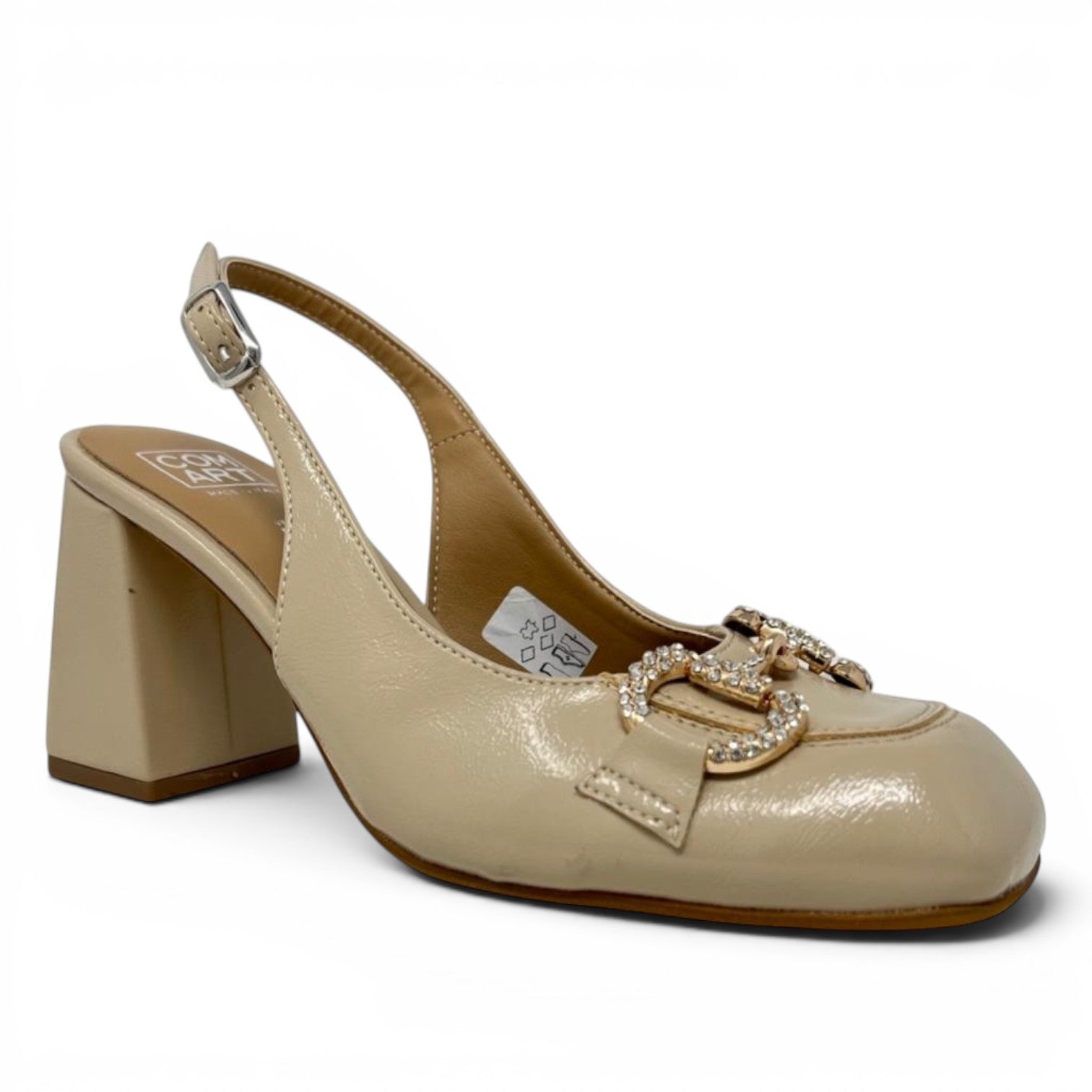 ShoeShop Comart 6G4637 beige patent leather slingback heels with a square toe and rhinestone embellished buckle.